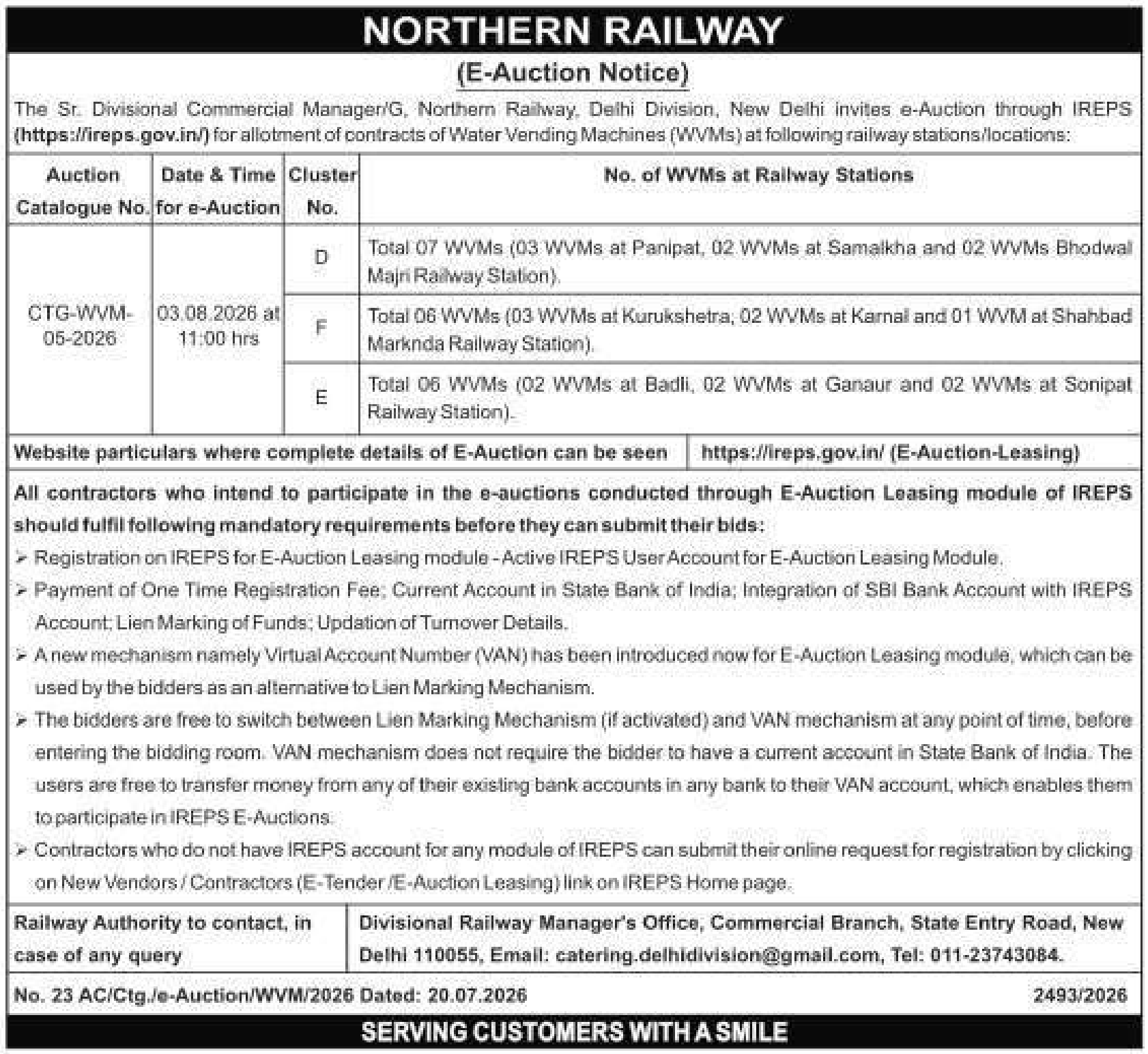 Machinery auction notice — Northern Railway