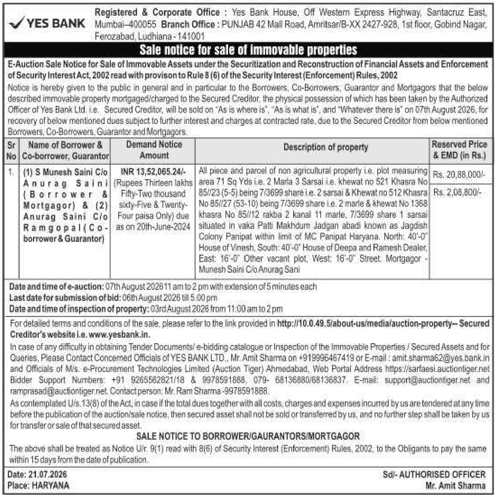 Auction notice for Yes Bank