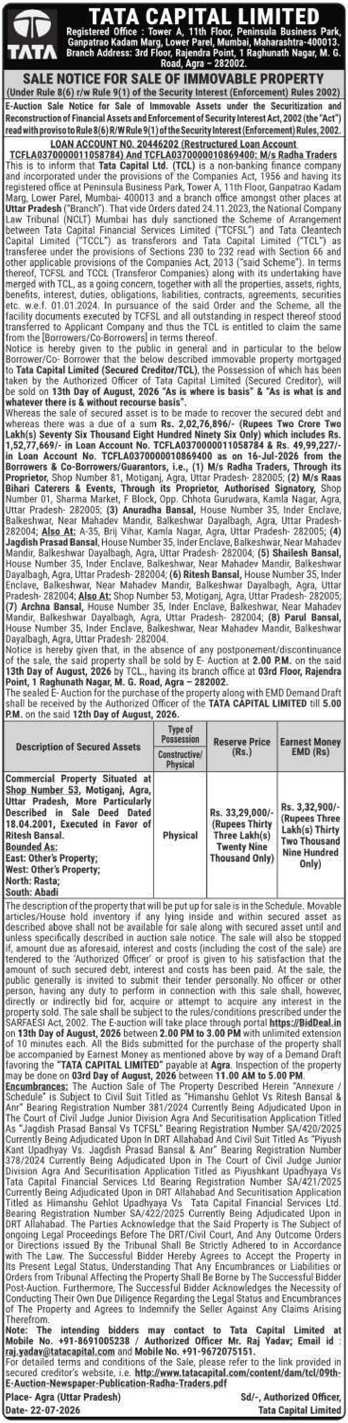 Property auction notice in Agra — Tata Capital Limited