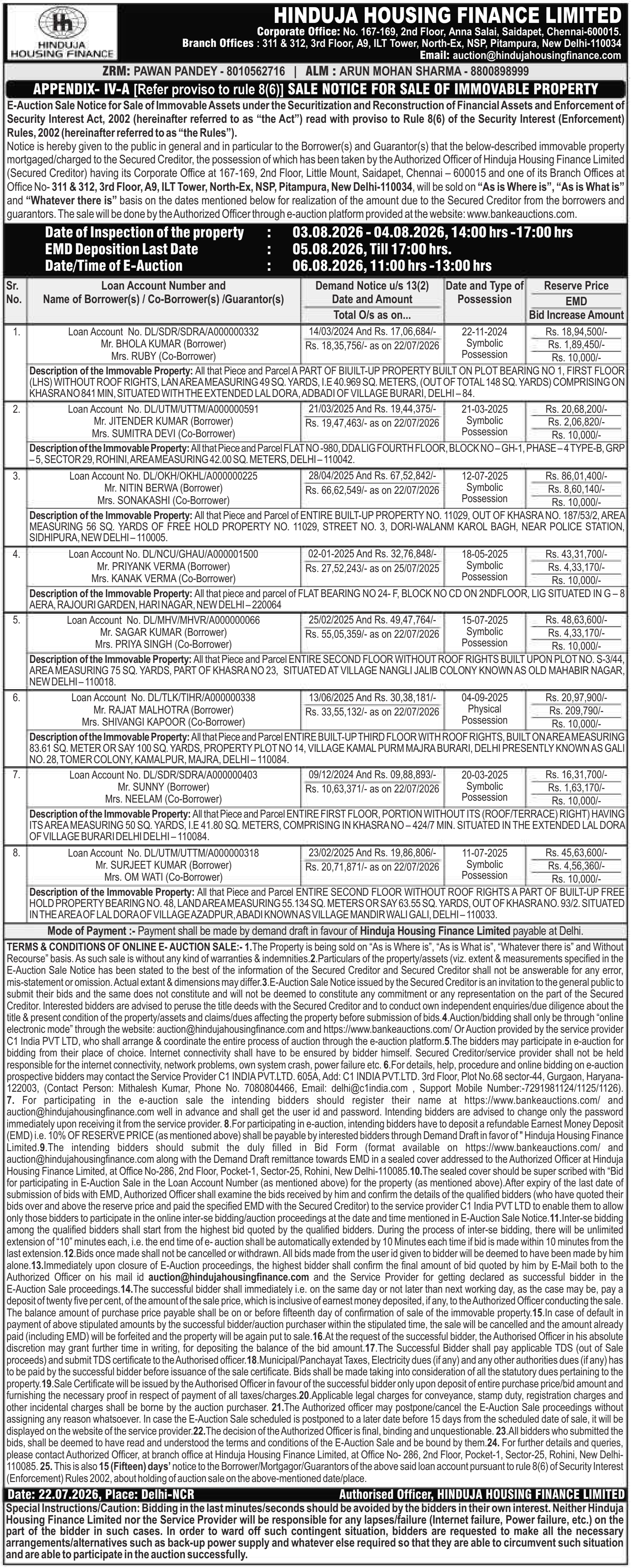 Property auction notice in Delhi — Hinduja Housing Finance Limited
