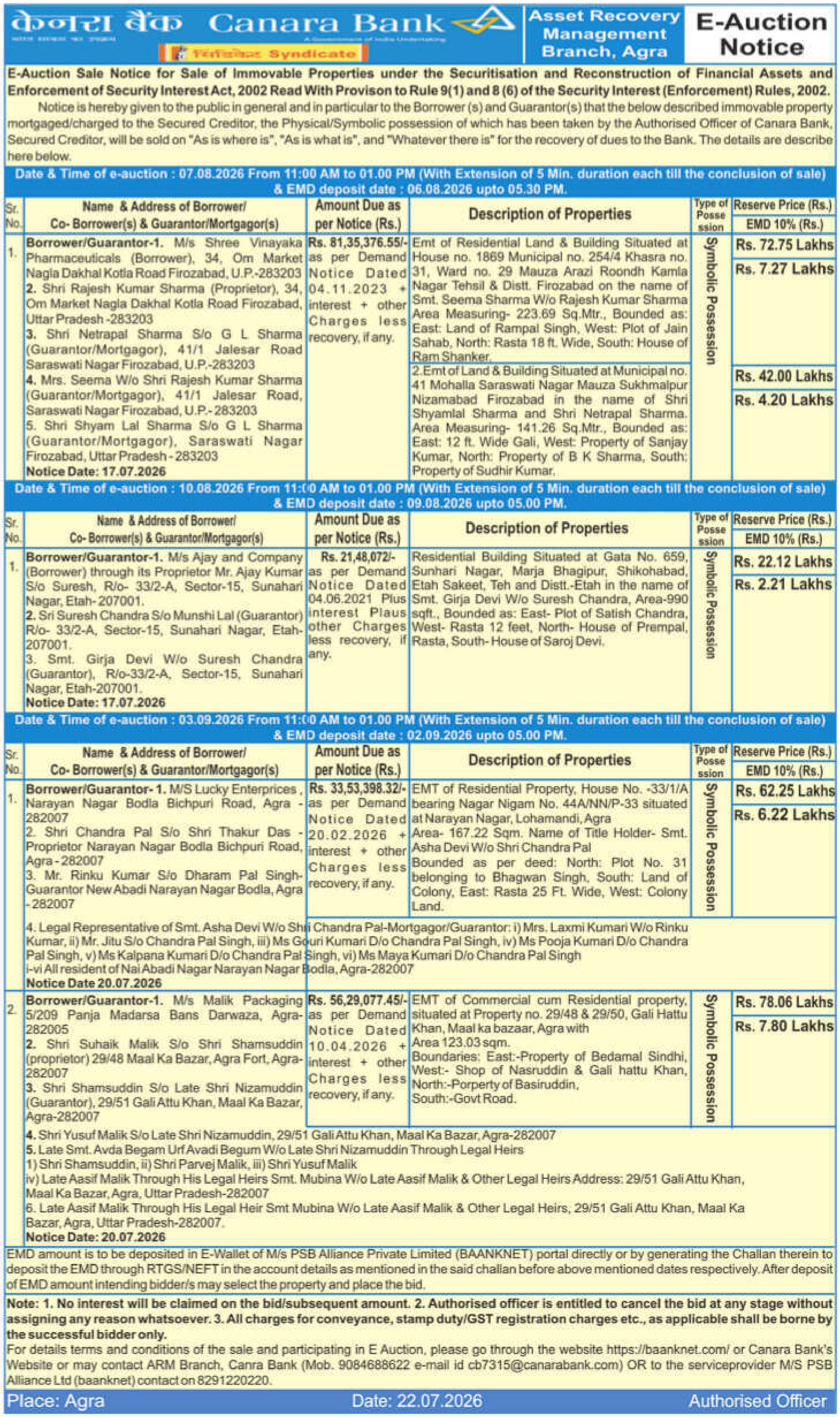 Property auction notice in Agra — Canara Bank