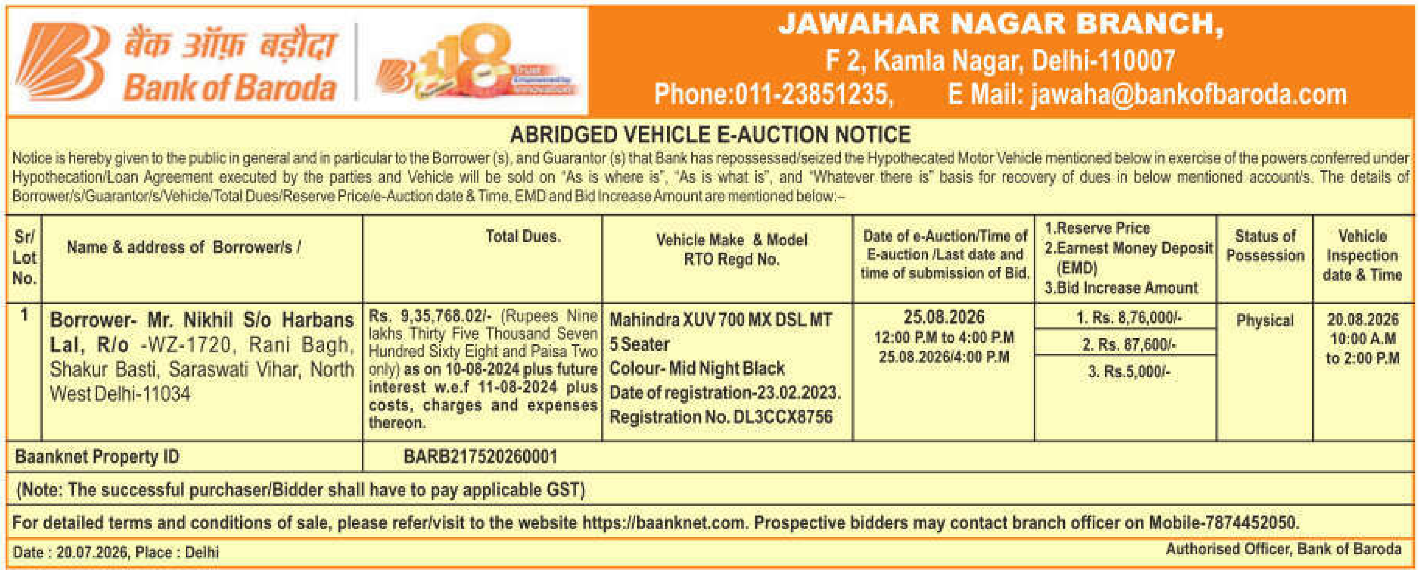 Vehicles auction notice — Bank Of Baroda
