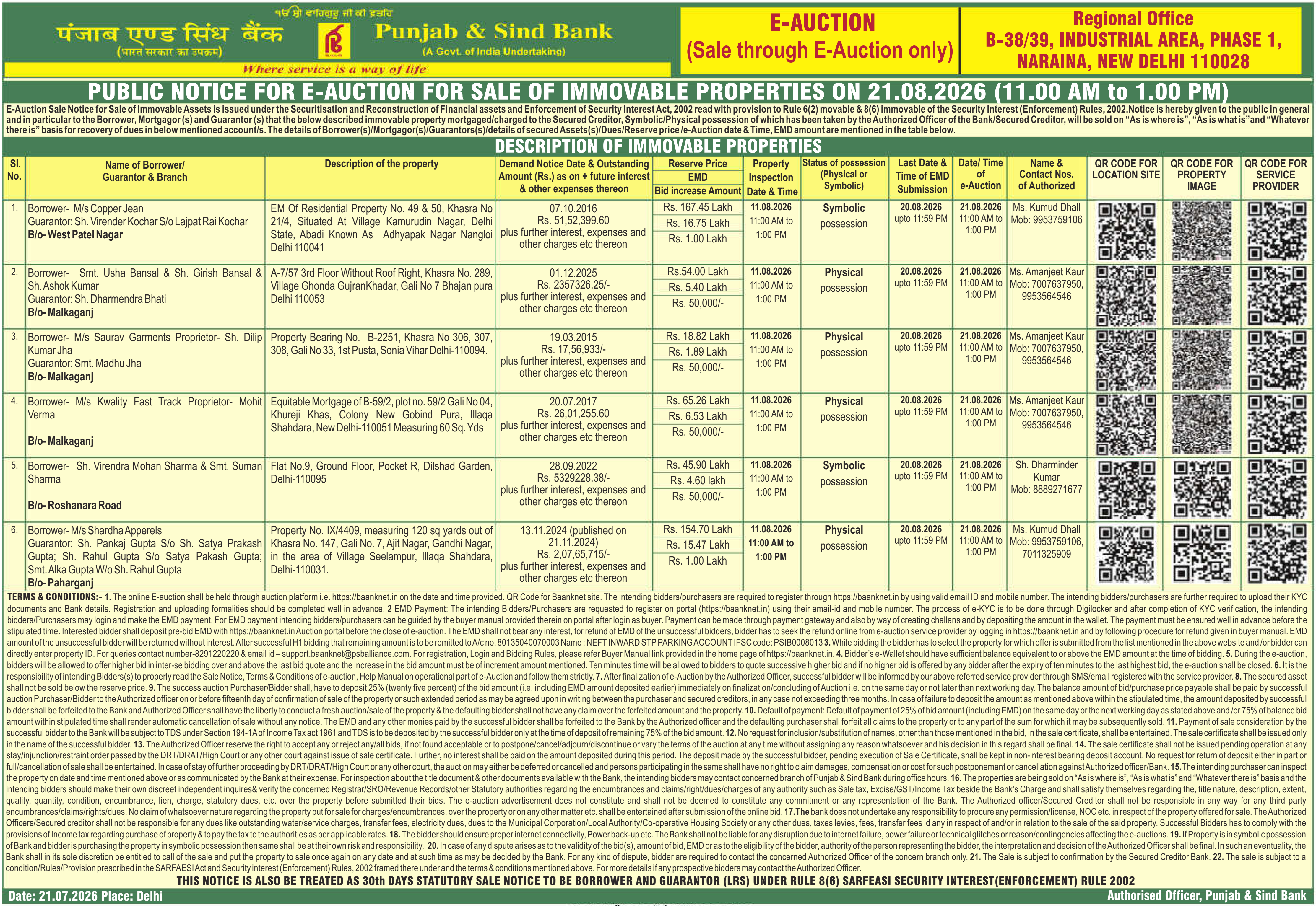 Property auction notice in Delhi — Punjab & Sind Bank