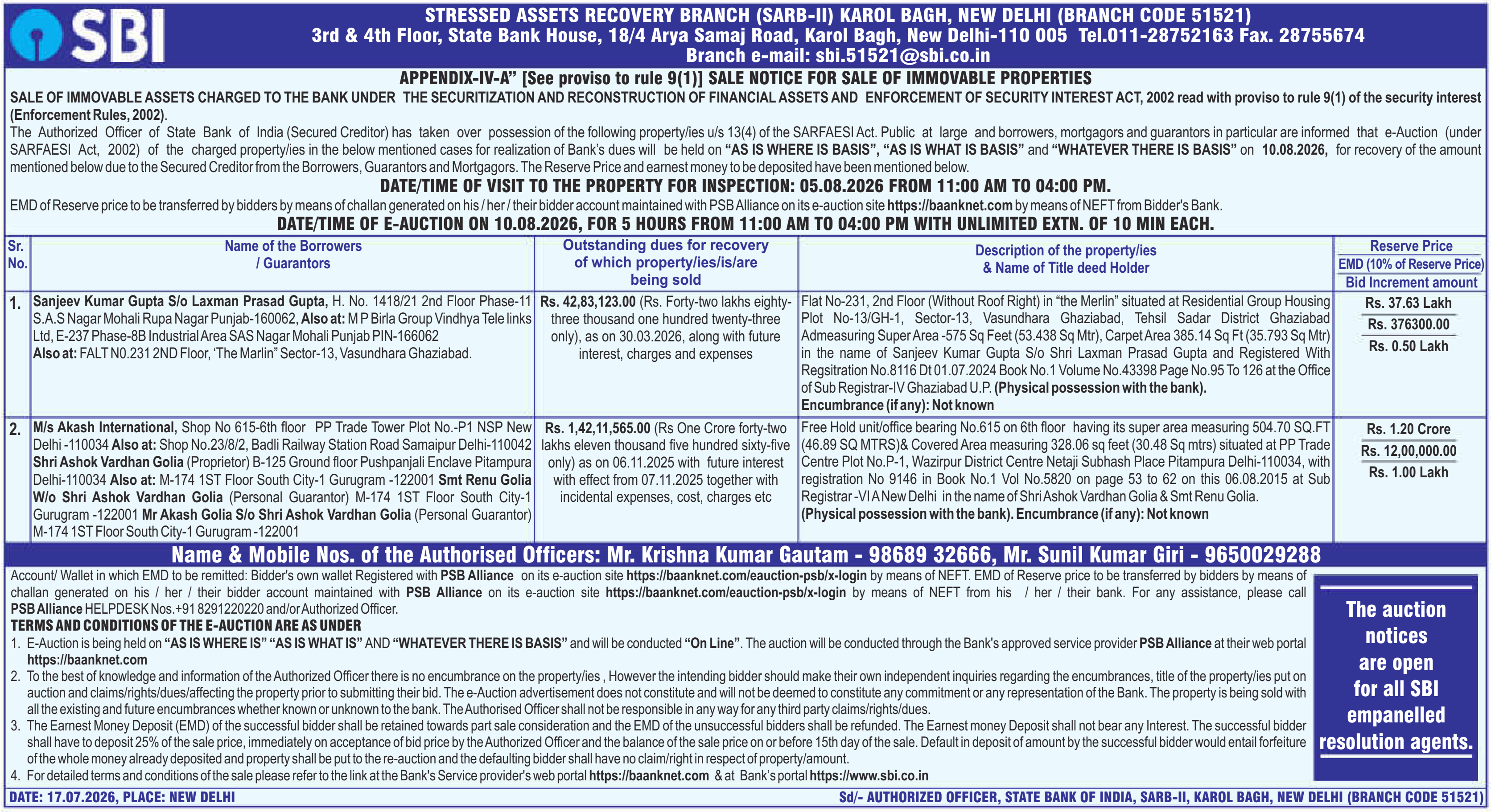 Property auction notice in Delhi — State Bank Of India
