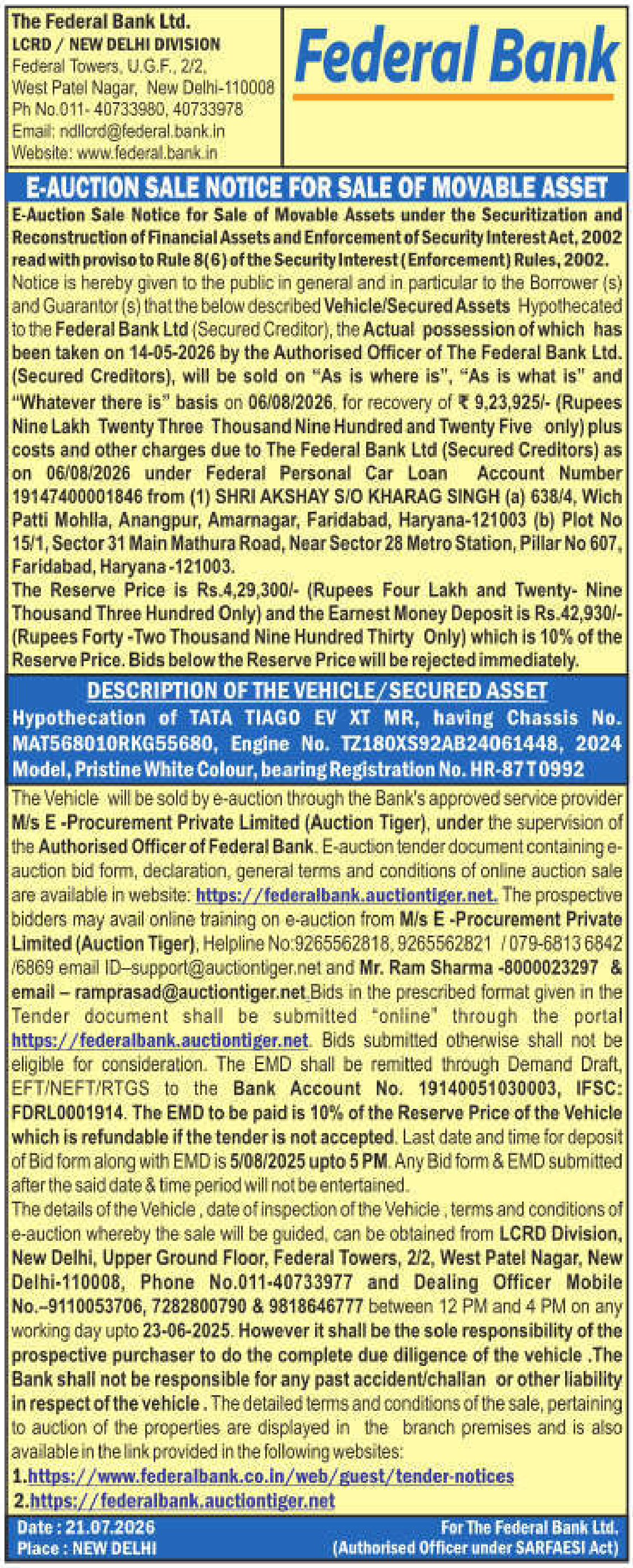 Vehicles auction notice — The Federal Bank LTD.