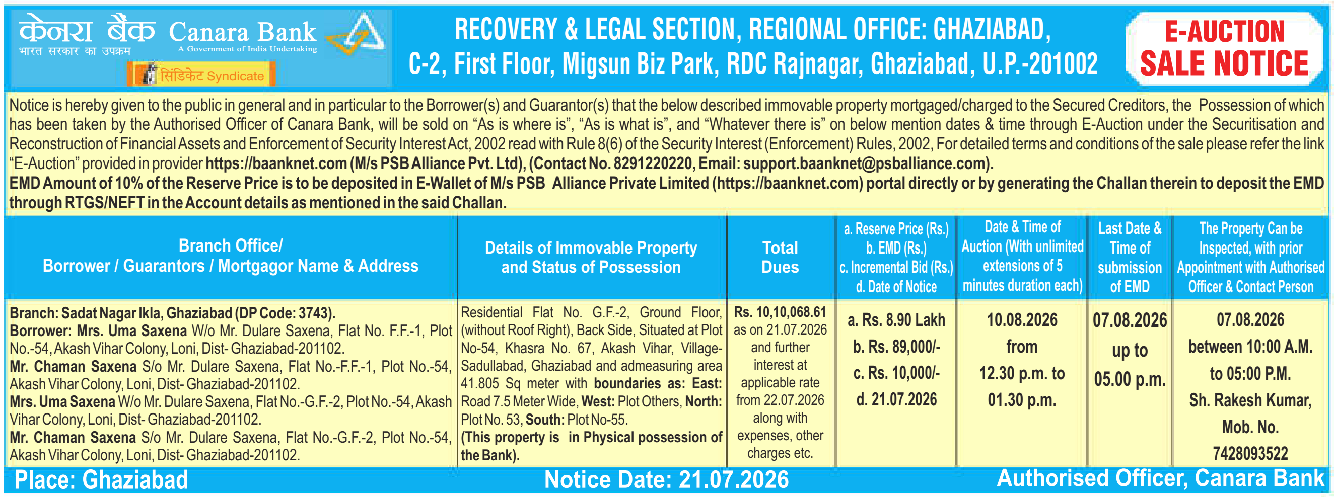Property auction notice in Ghaziabad — Canara Bank
