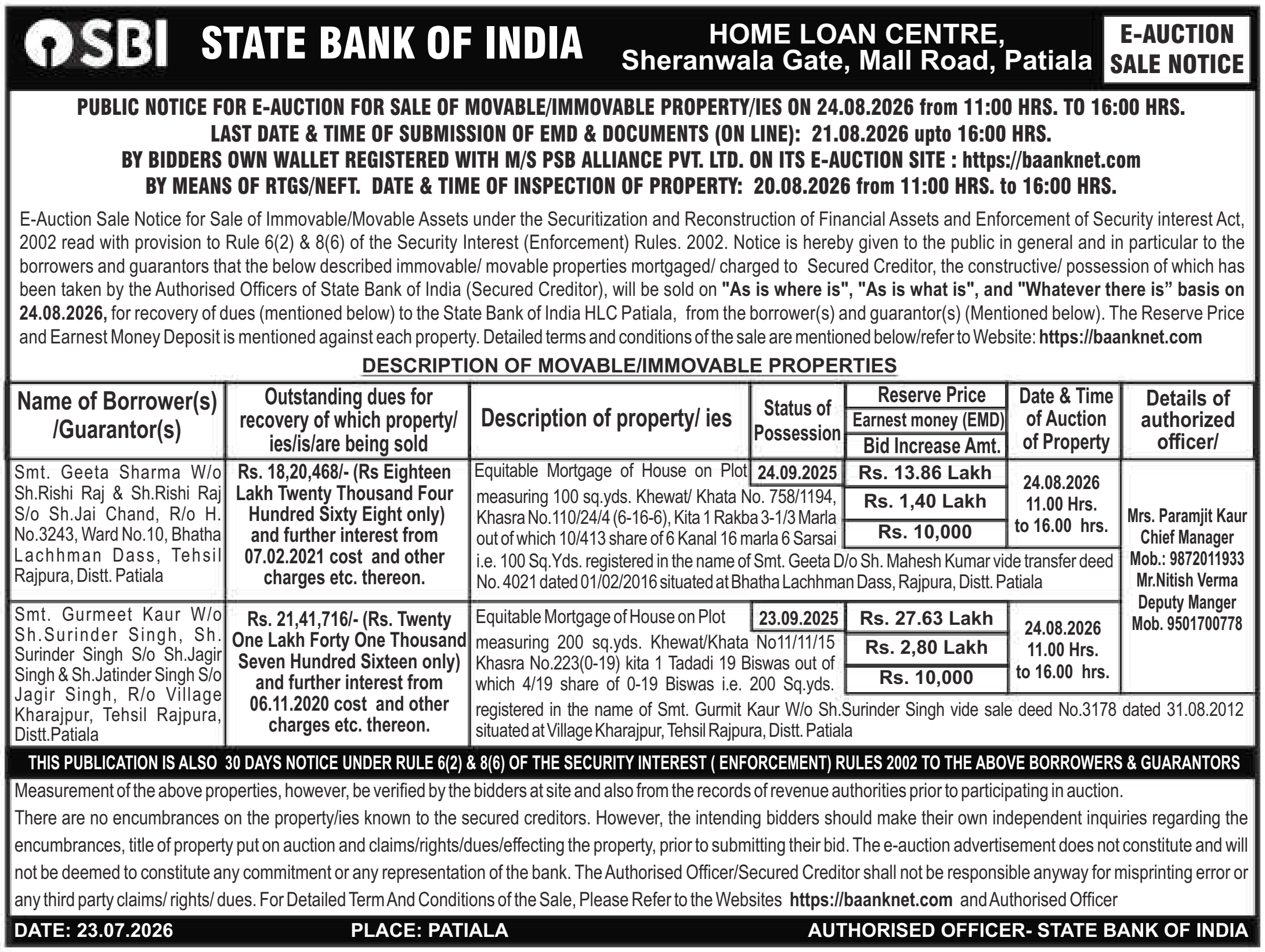Auction notice for State Bank Of India