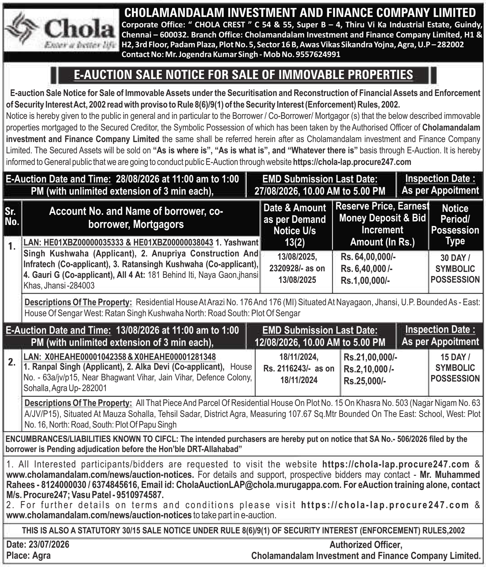 Property auction notice in Agra — Cholamandalam Investment And Finance Company Limited