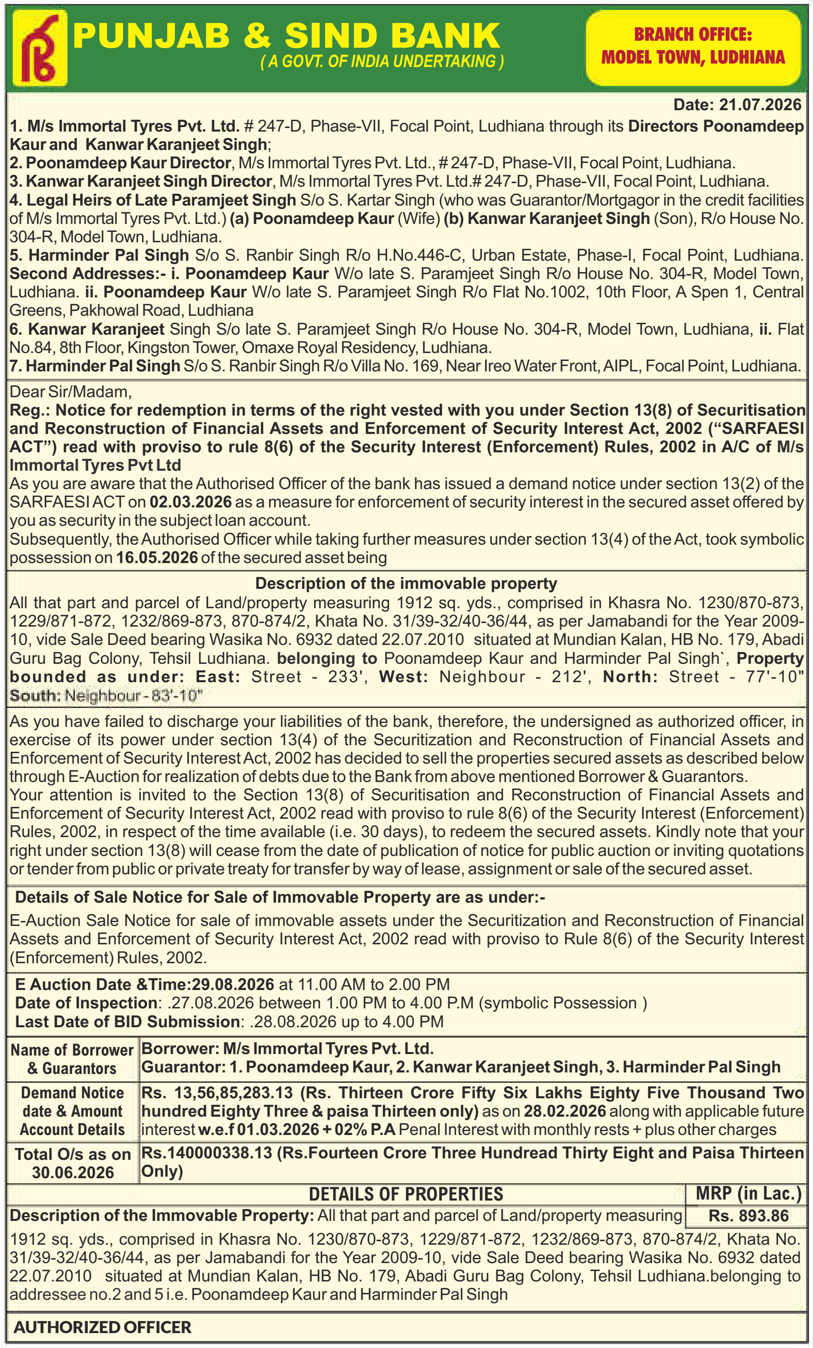 Property auction notice in Ludhiana — Punjab & Sind Bank