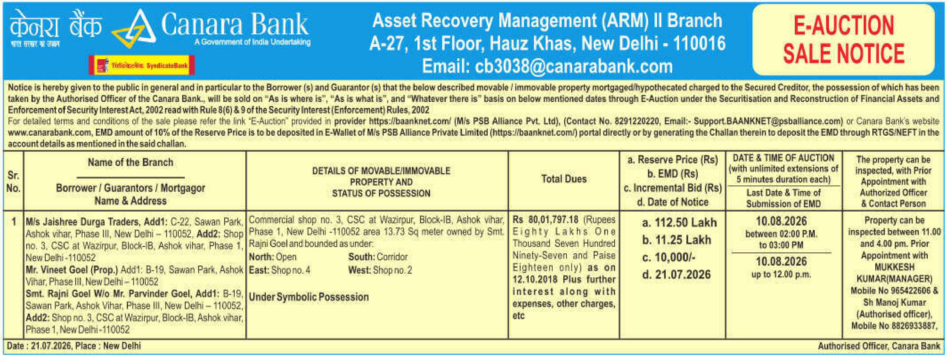 Property auction notice in New Delhi — Canara Bank