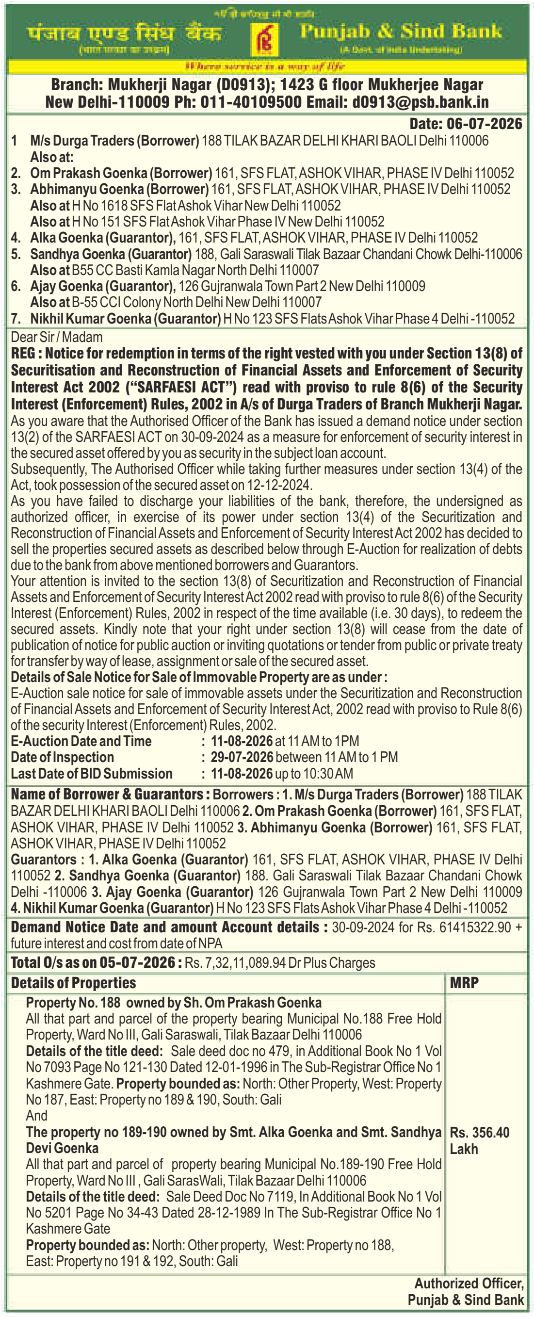 Property auction notice in Delhi — Punjab & Sind Bank