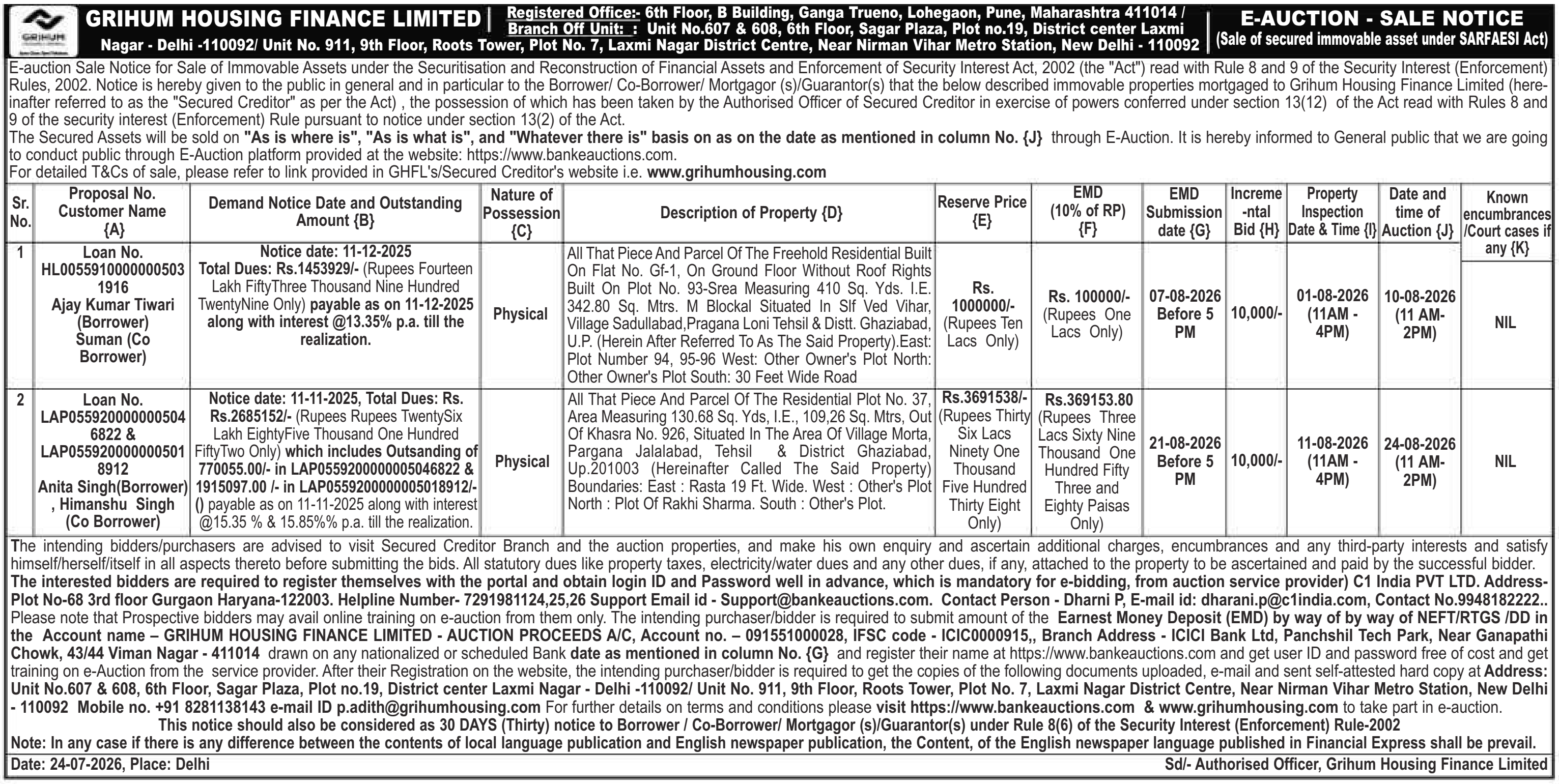 Property auction notice in Ghaziabad — Grihum Housing Finance Limited
