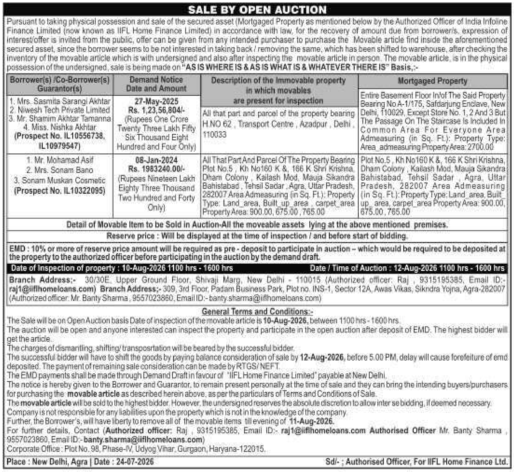 Property auction notice in Agra — India Infoline Finance Limited (now Known As IIFL Home Finance Limited)