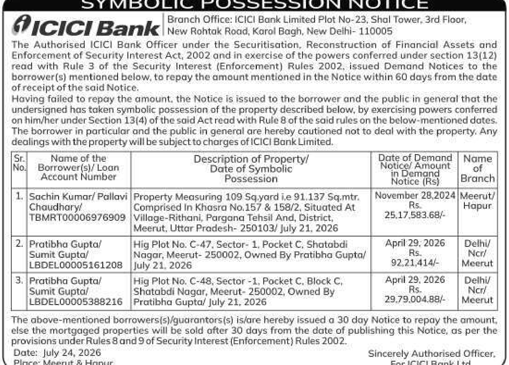 Property auction notice in Meerut — ICICI Bank Limited