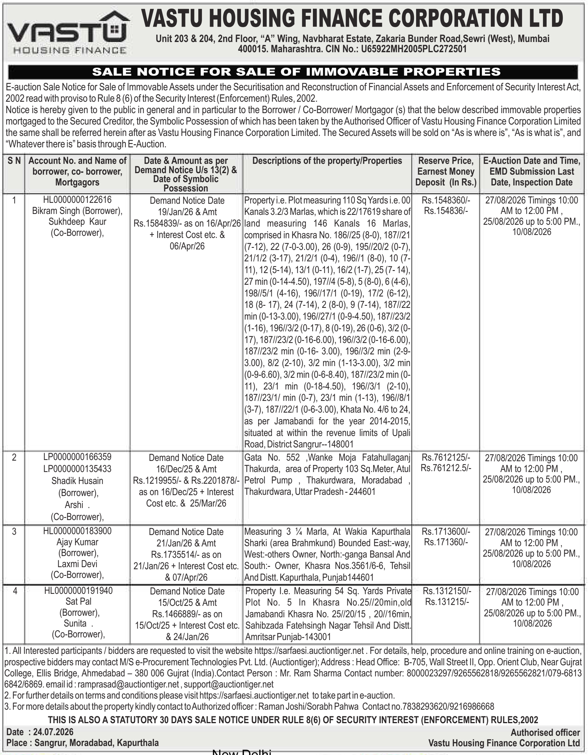Property auction notice in Moradabad — Vastu Housing Finance Corporation LTD