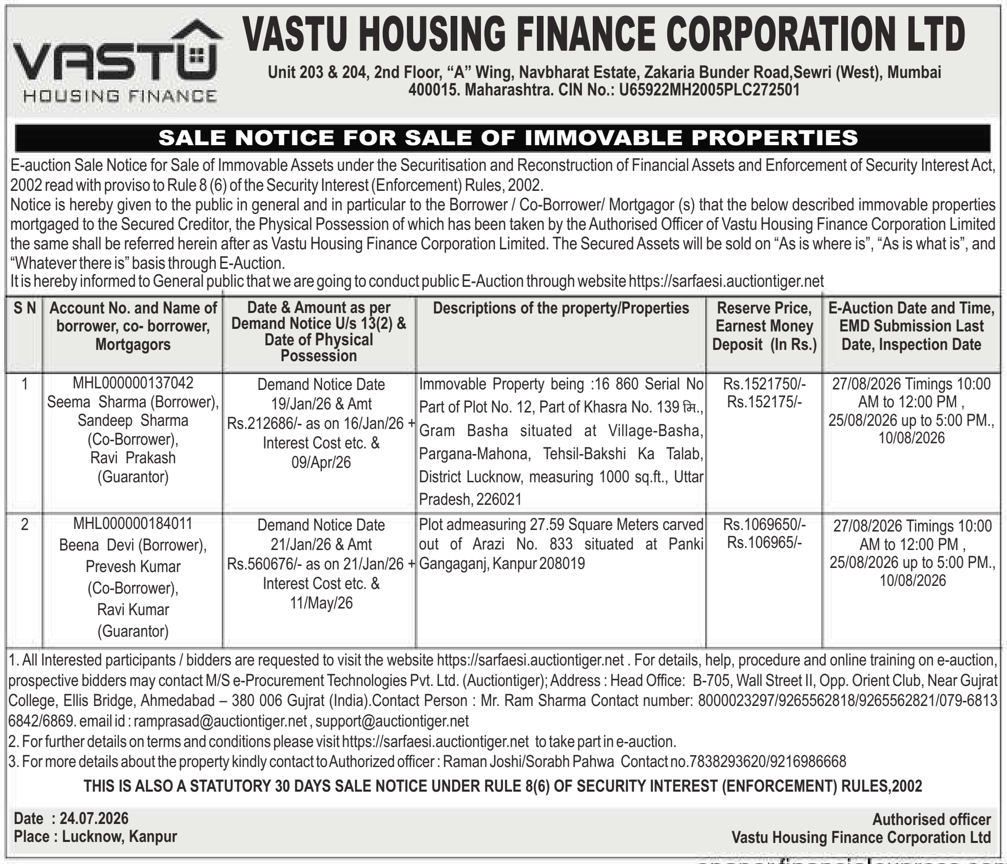 Property auction notice in Lucknow — Vastu Housing Finance Corporation LTD