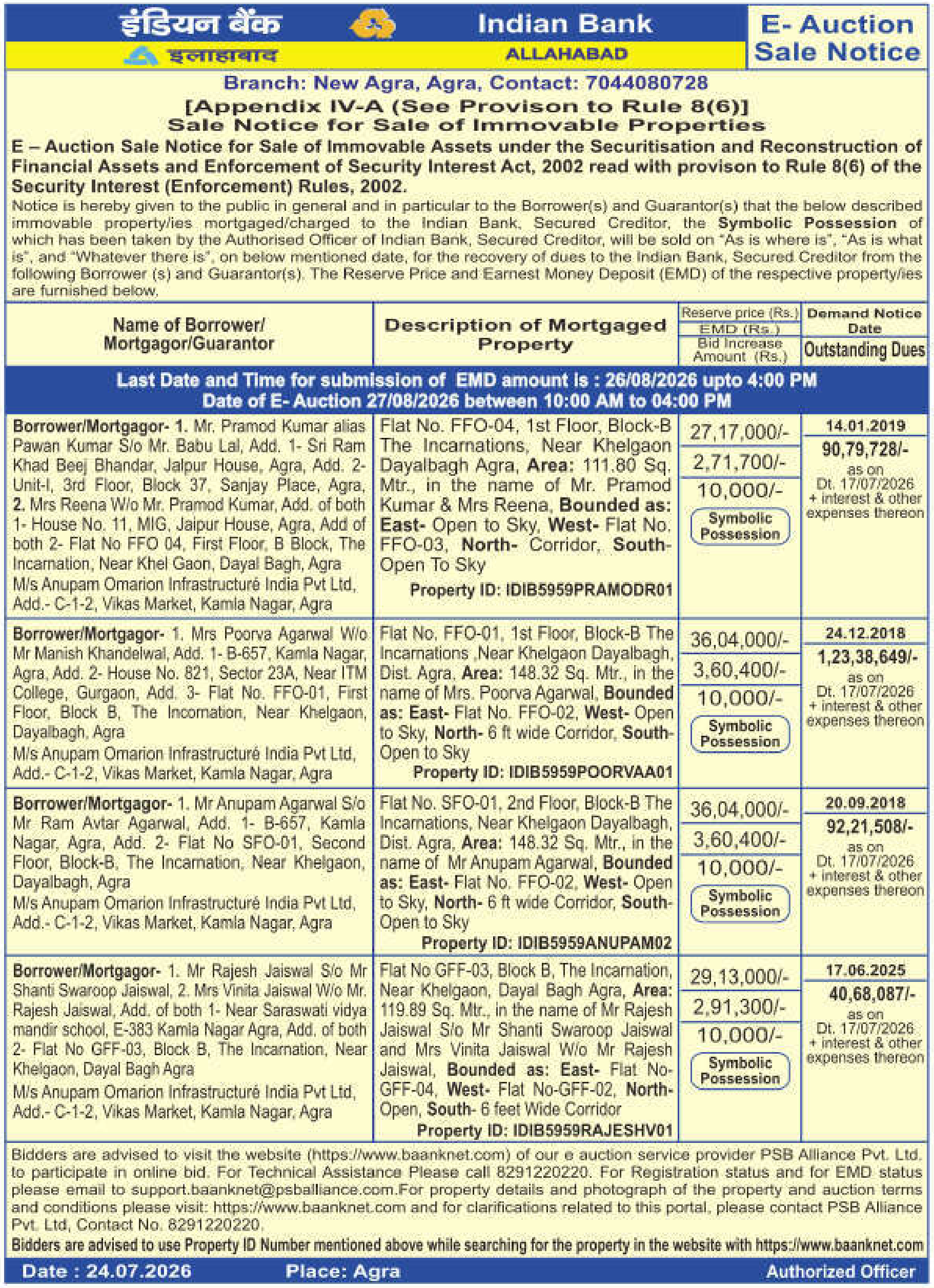 Property auction notice in Agra — Indian Bank