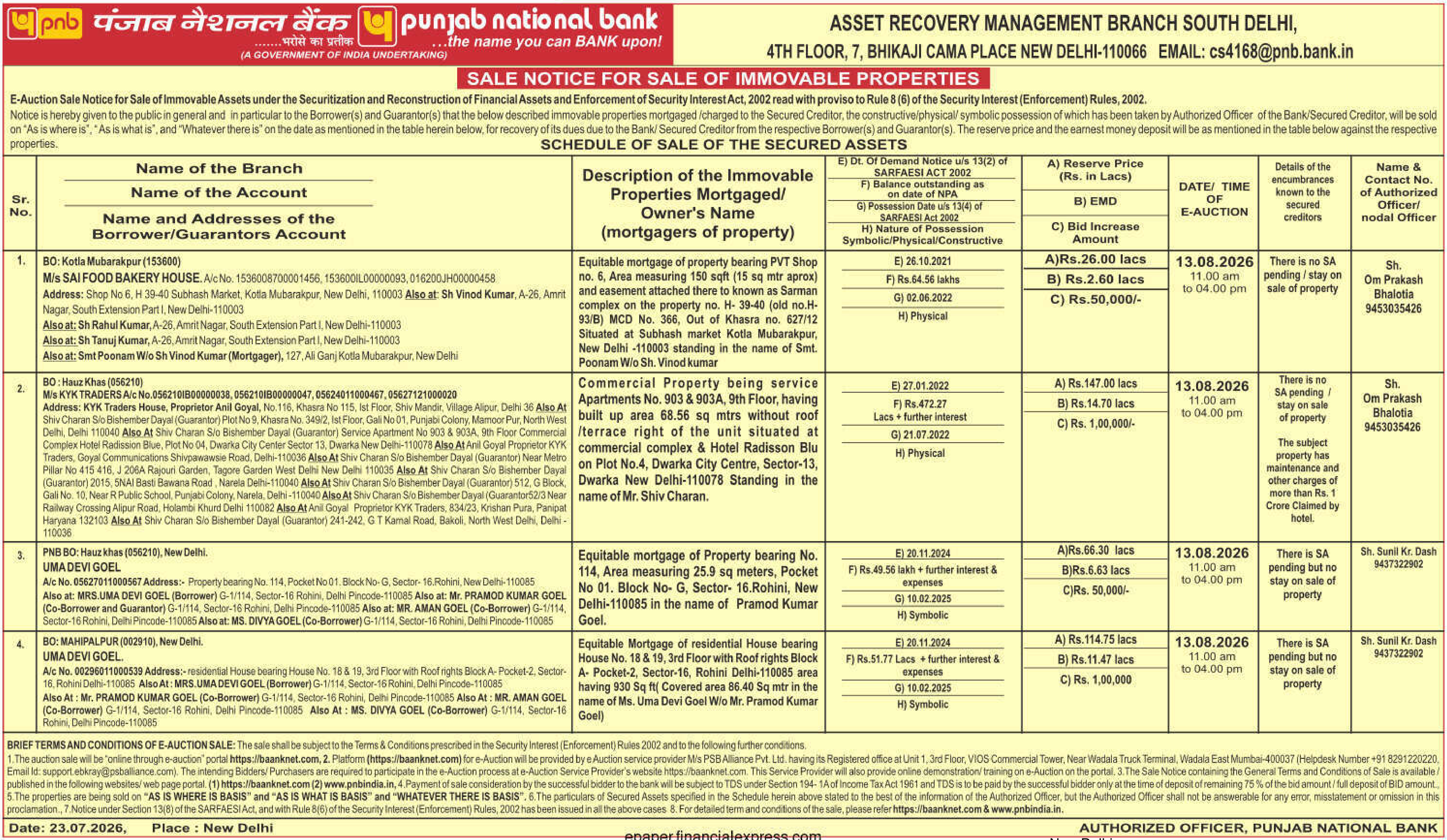 Property auction notice in Delhi — Punjab National Bank