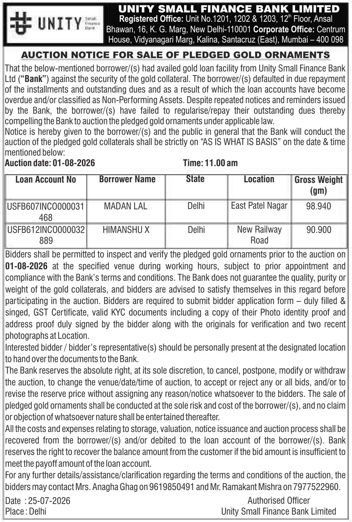 Gold auction notice — Unity Small Finance Bank Limited