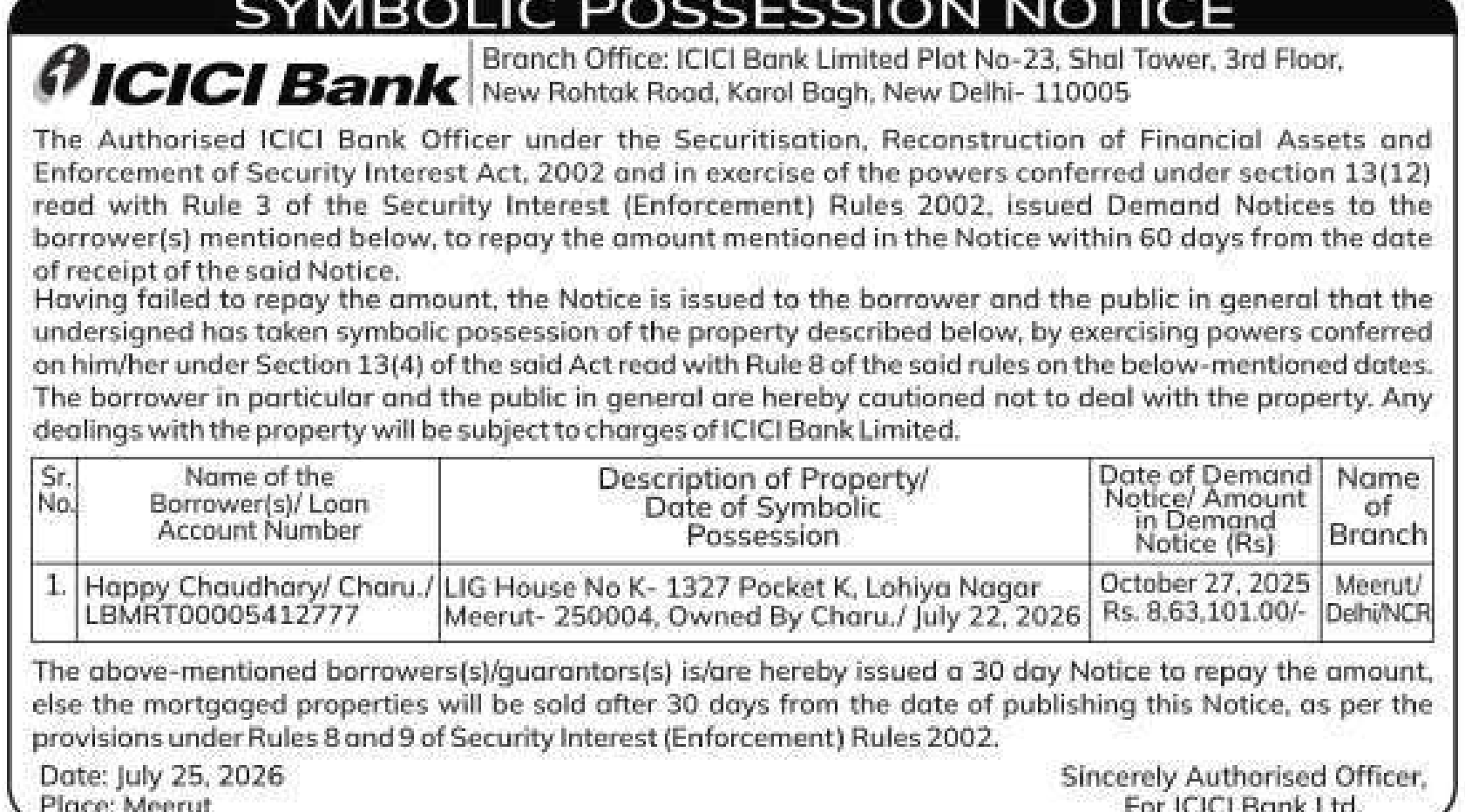 Property auction notice in Meerut — ICICI Bank Limited