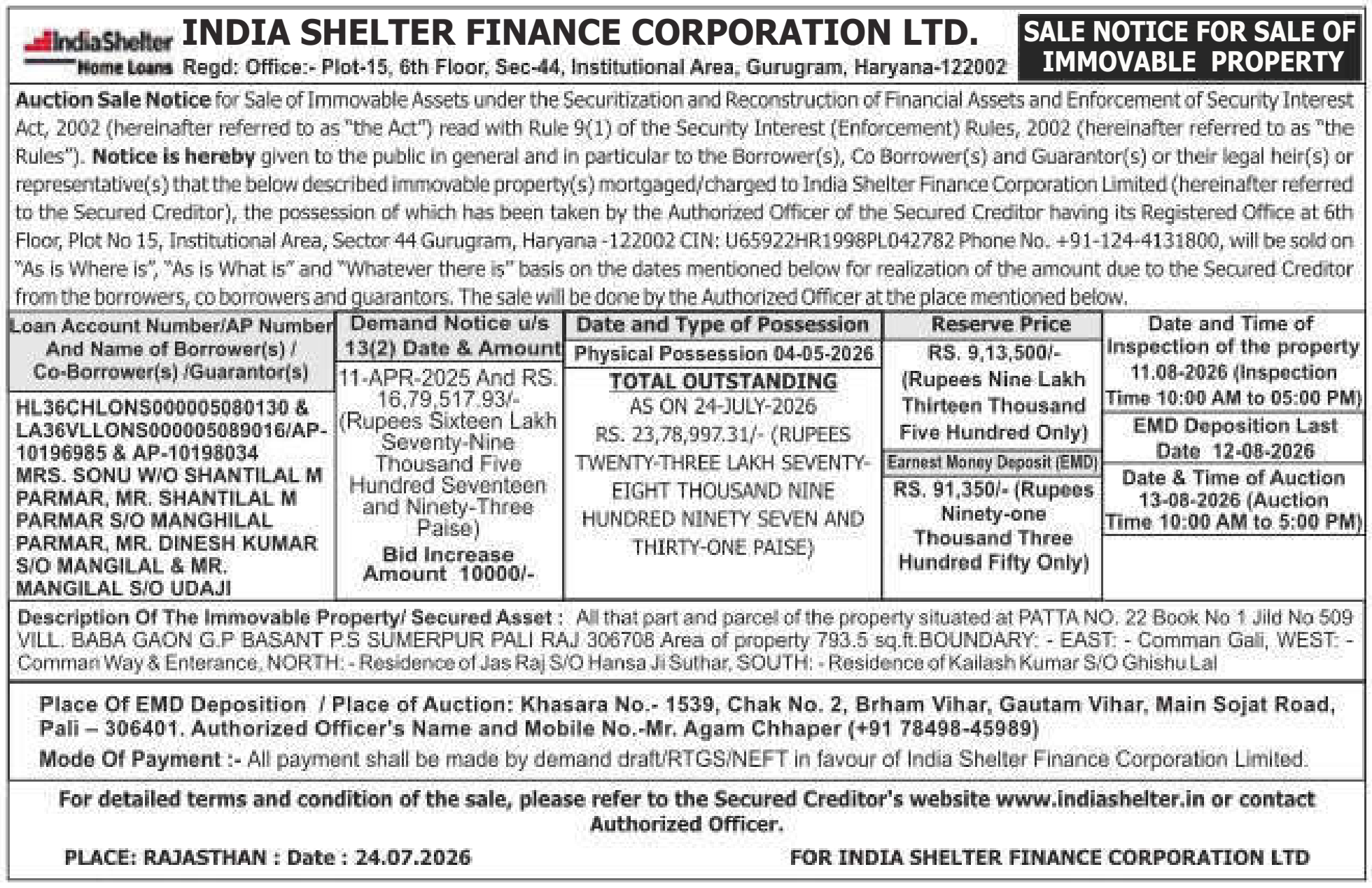 Auction notice for India Shelter Finance Corporation LTD.