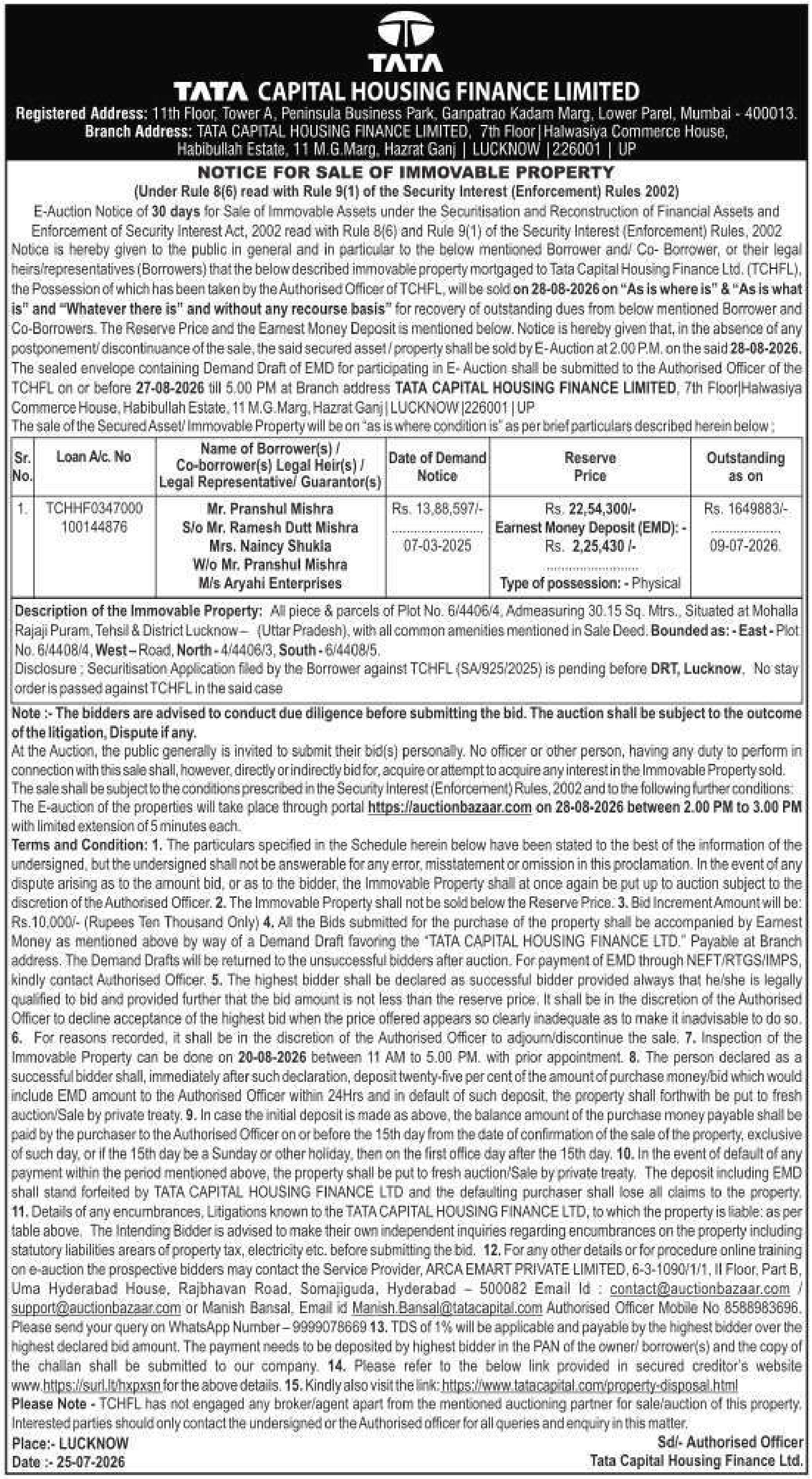 Property auction notice in Lucknow — Tata Capital Housing Finance Limited