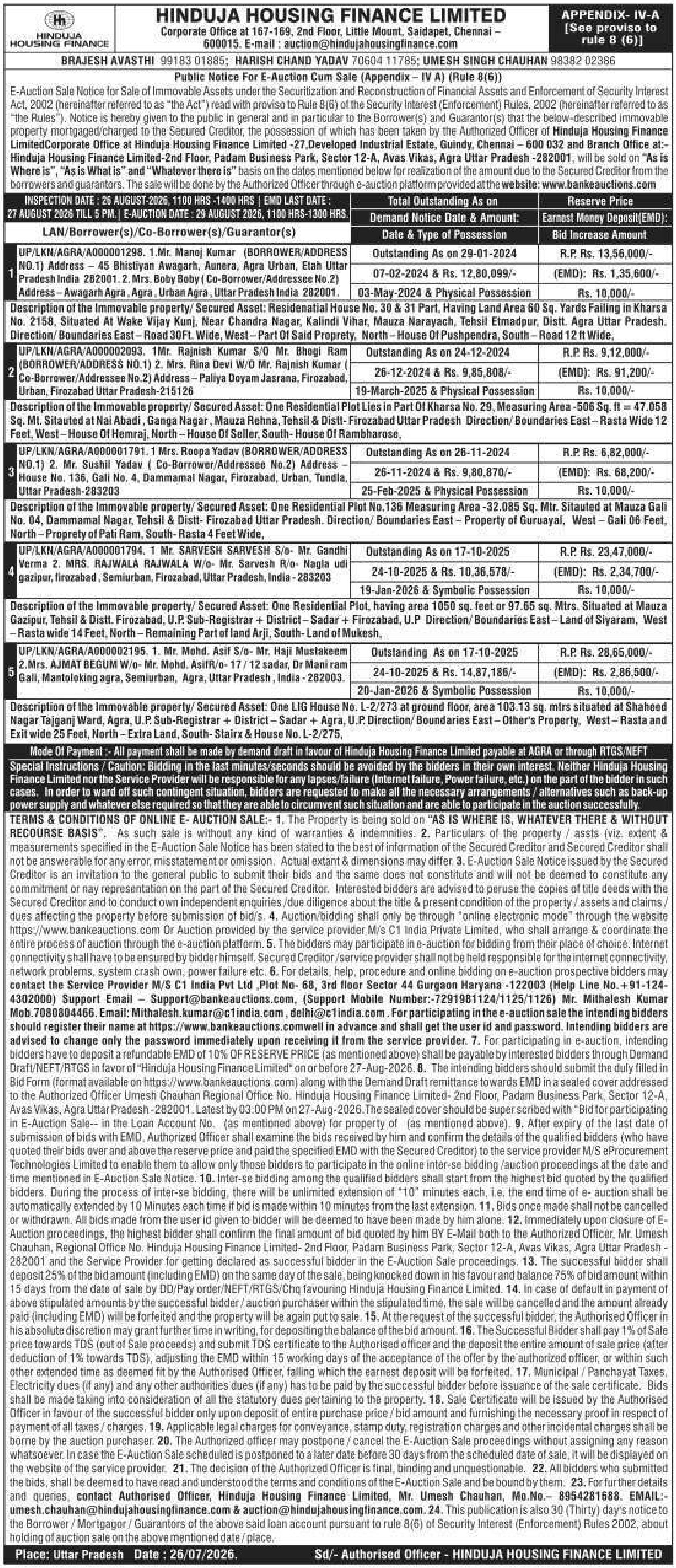 Property auction notice in Agra — Hinduja Housing Finance Limited