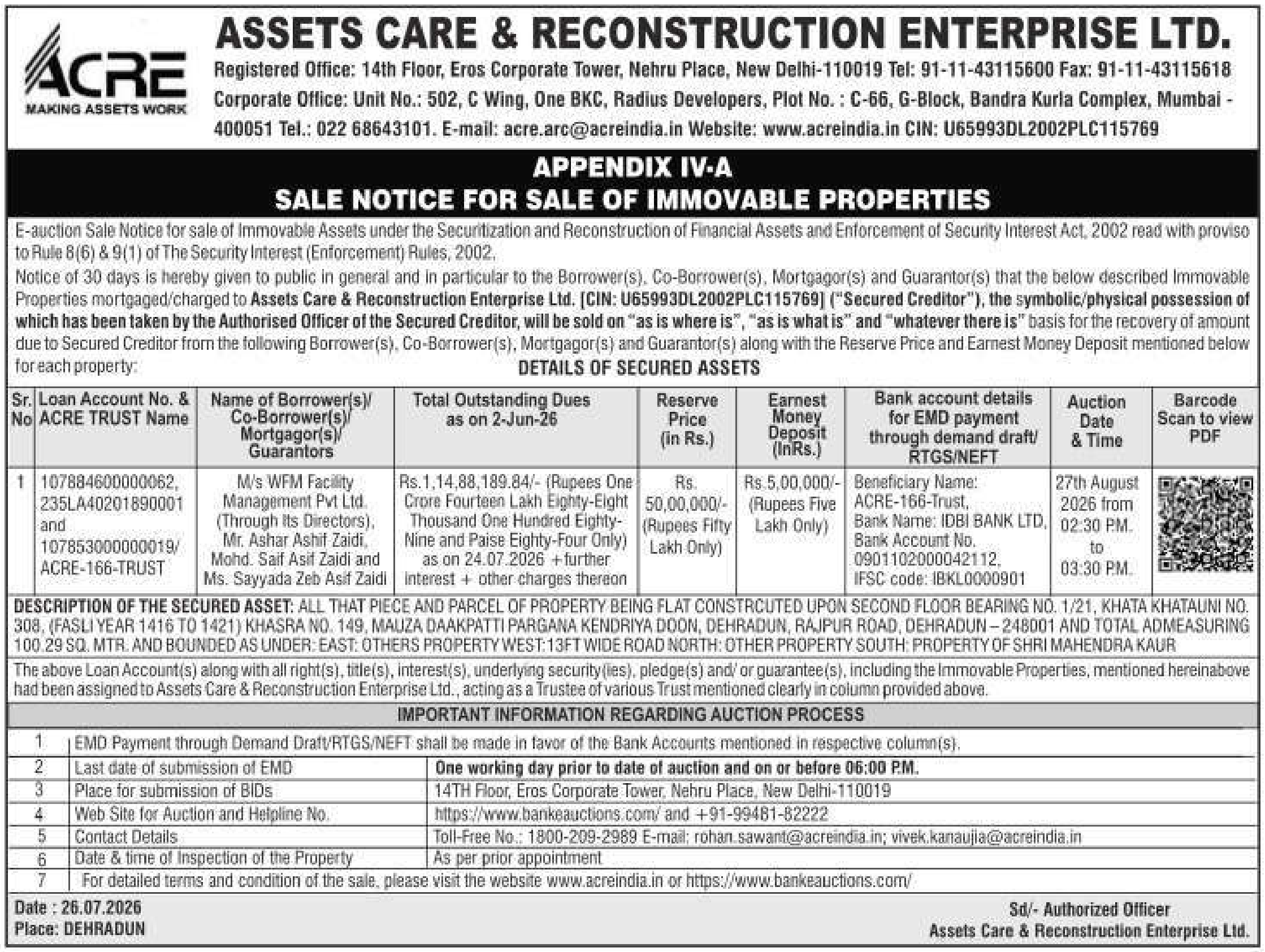 Auction notice for Assets Care & Reconstruction Enterprise LTD.