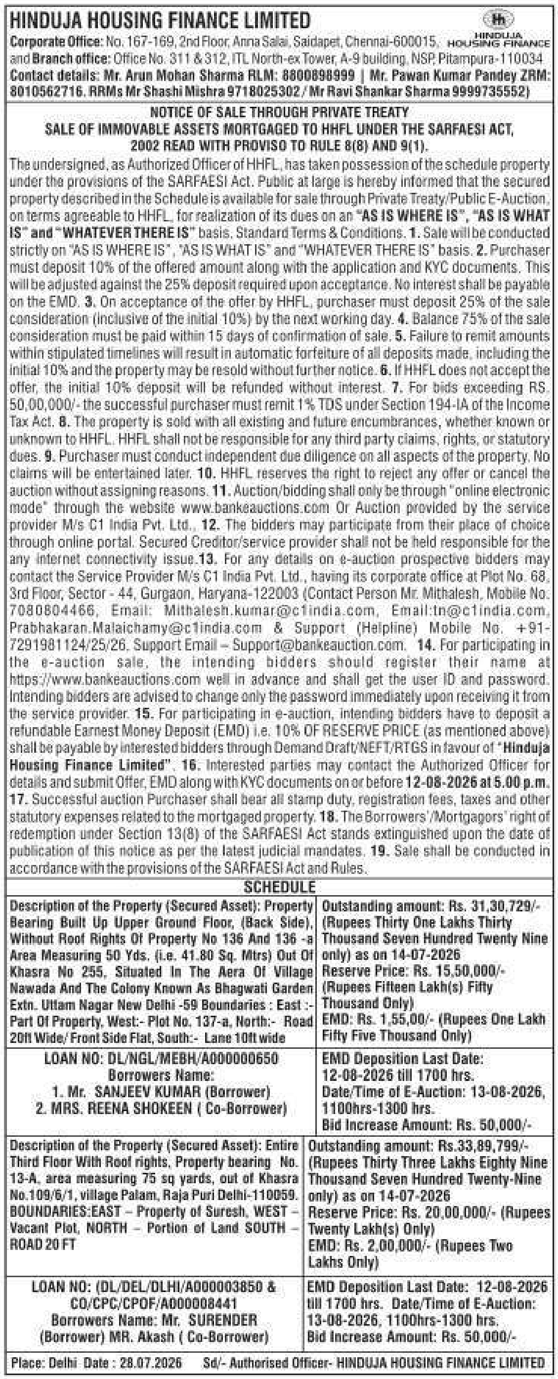 Property auction notice in Delhi — Hinduja Housing Finance Limited