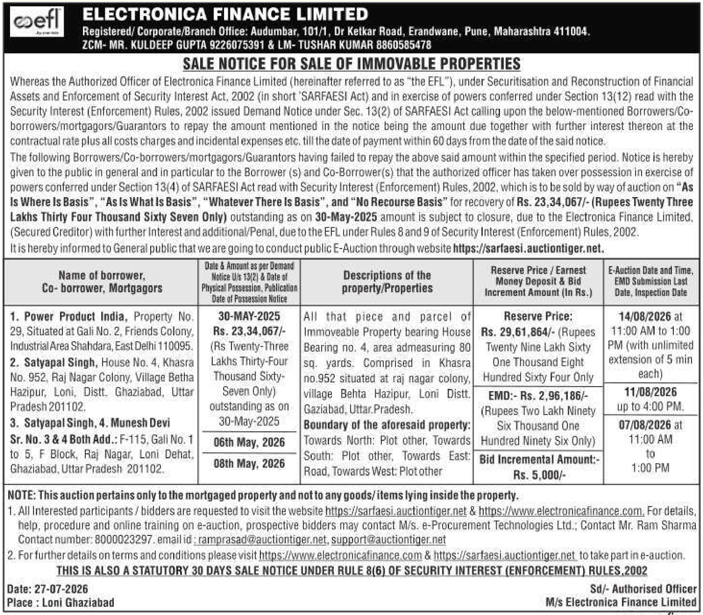 Property auction notice in Loni — Electronica Finance Limited