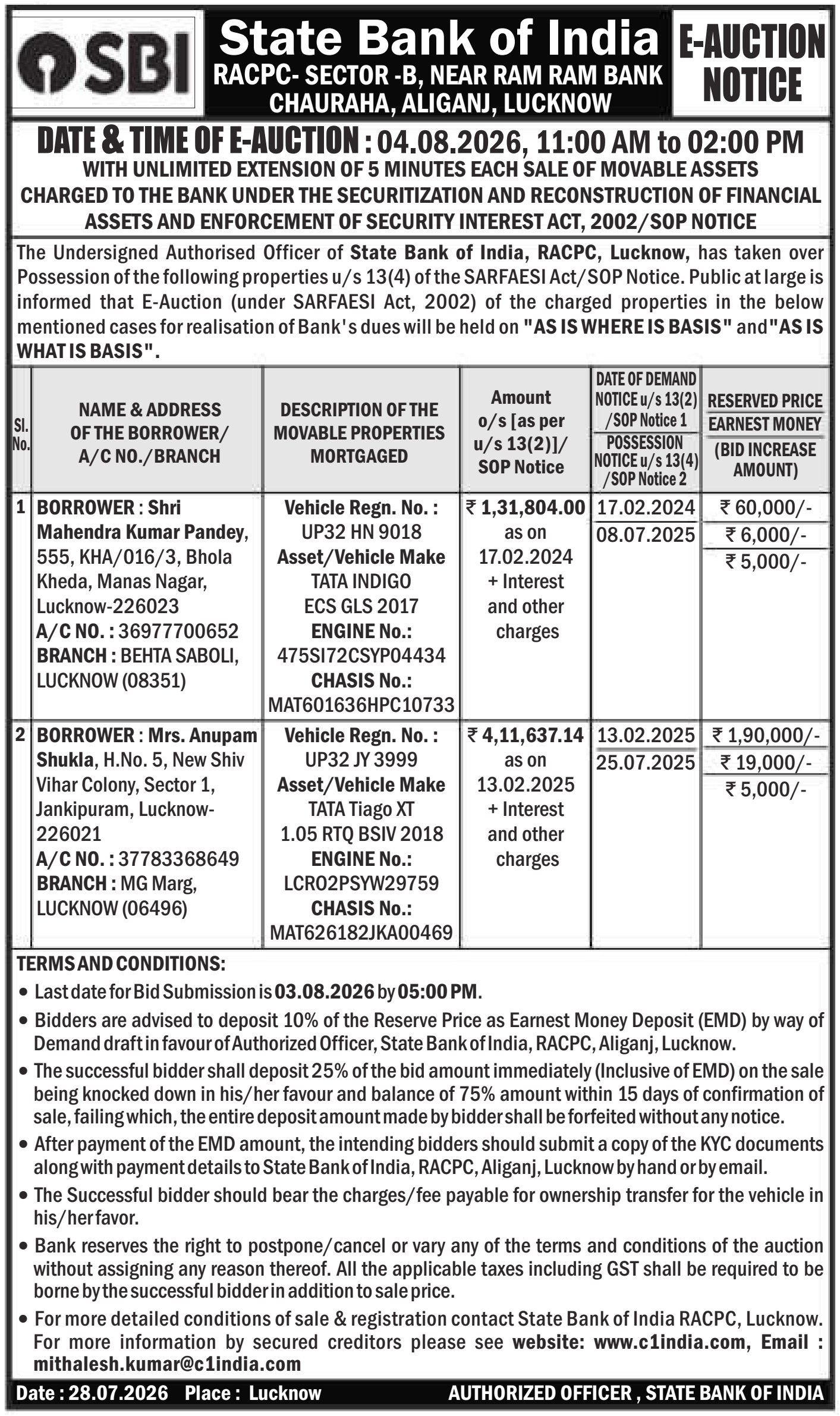 Vehicles auction notice — State Bank Of India