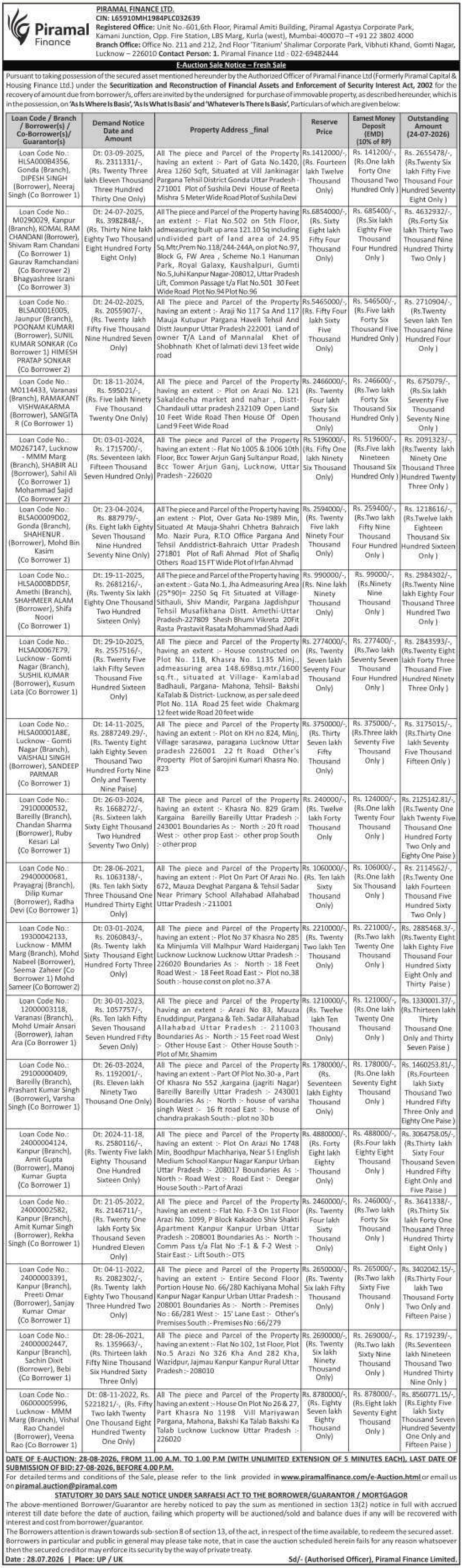 Property auction notice in Kanpur Nagar — Piramal Finance LTD.