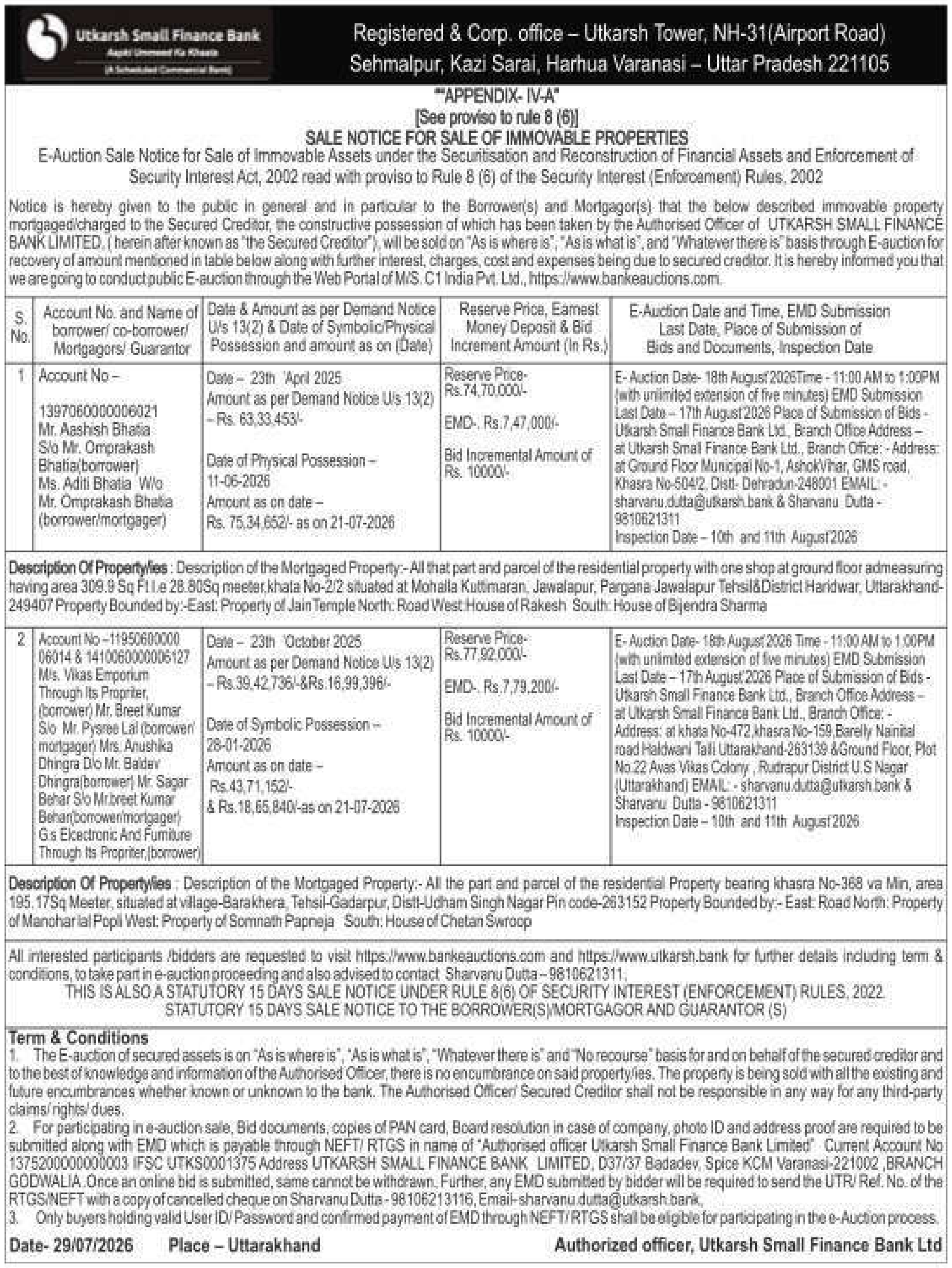 Auction notice for Utkarsh Small Finance Bank