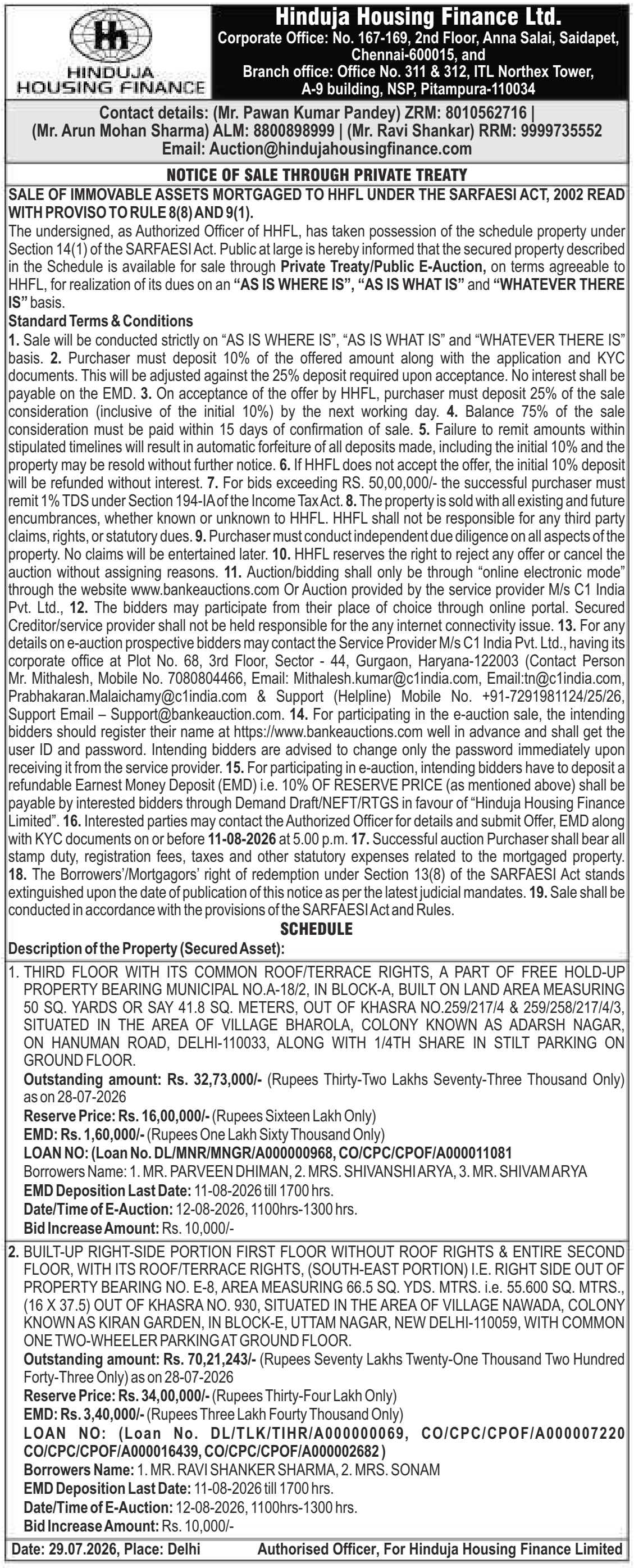 Property auction notice in Delhi — Hinduja Housing Finance LTD.