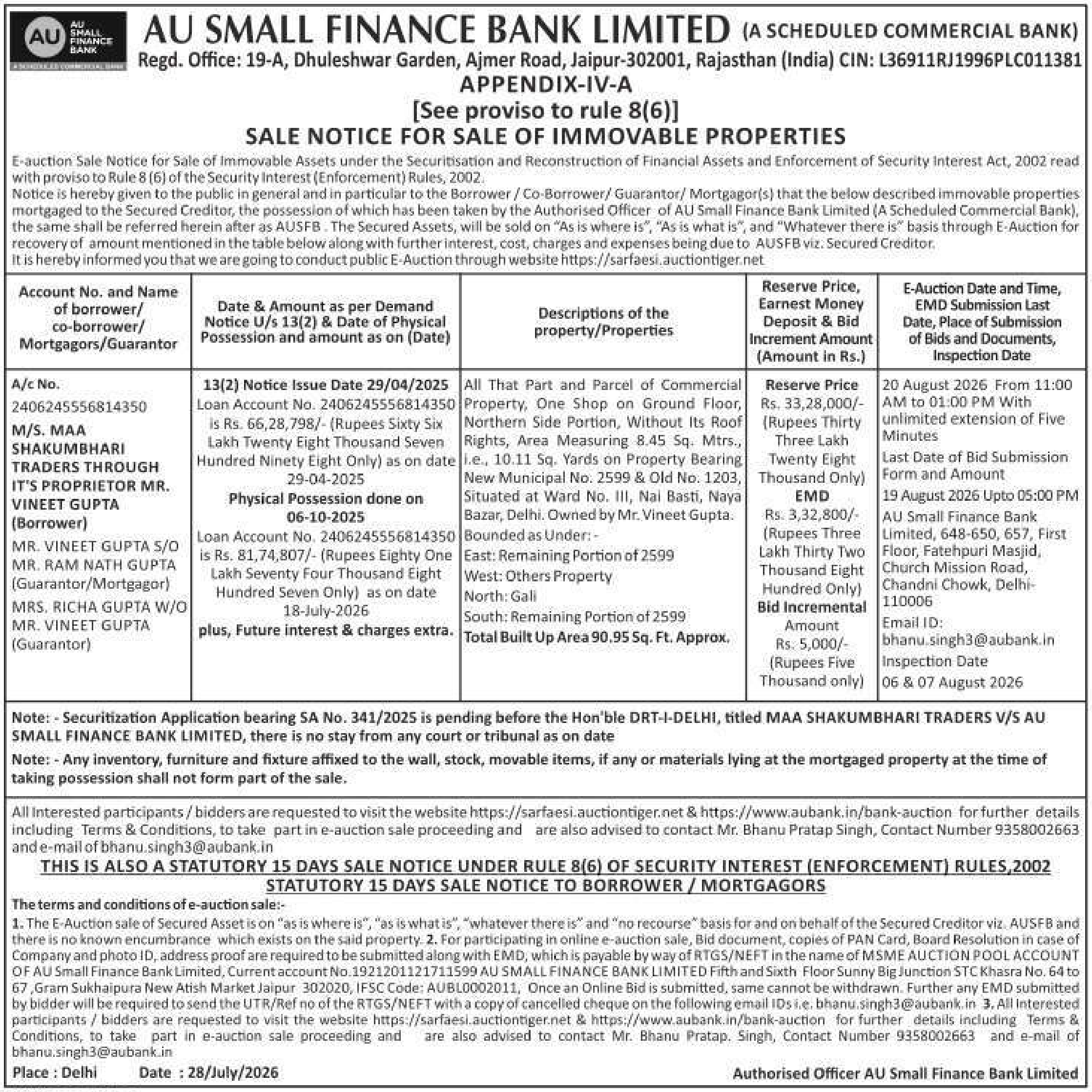 Auction notice for Au Small Finance Bank Limited