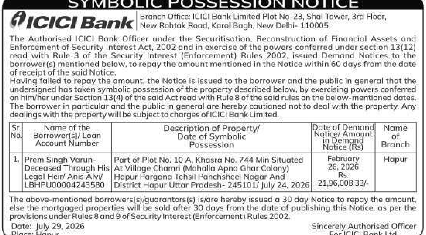 Property auction notice in Hapur — ICICI Bank
