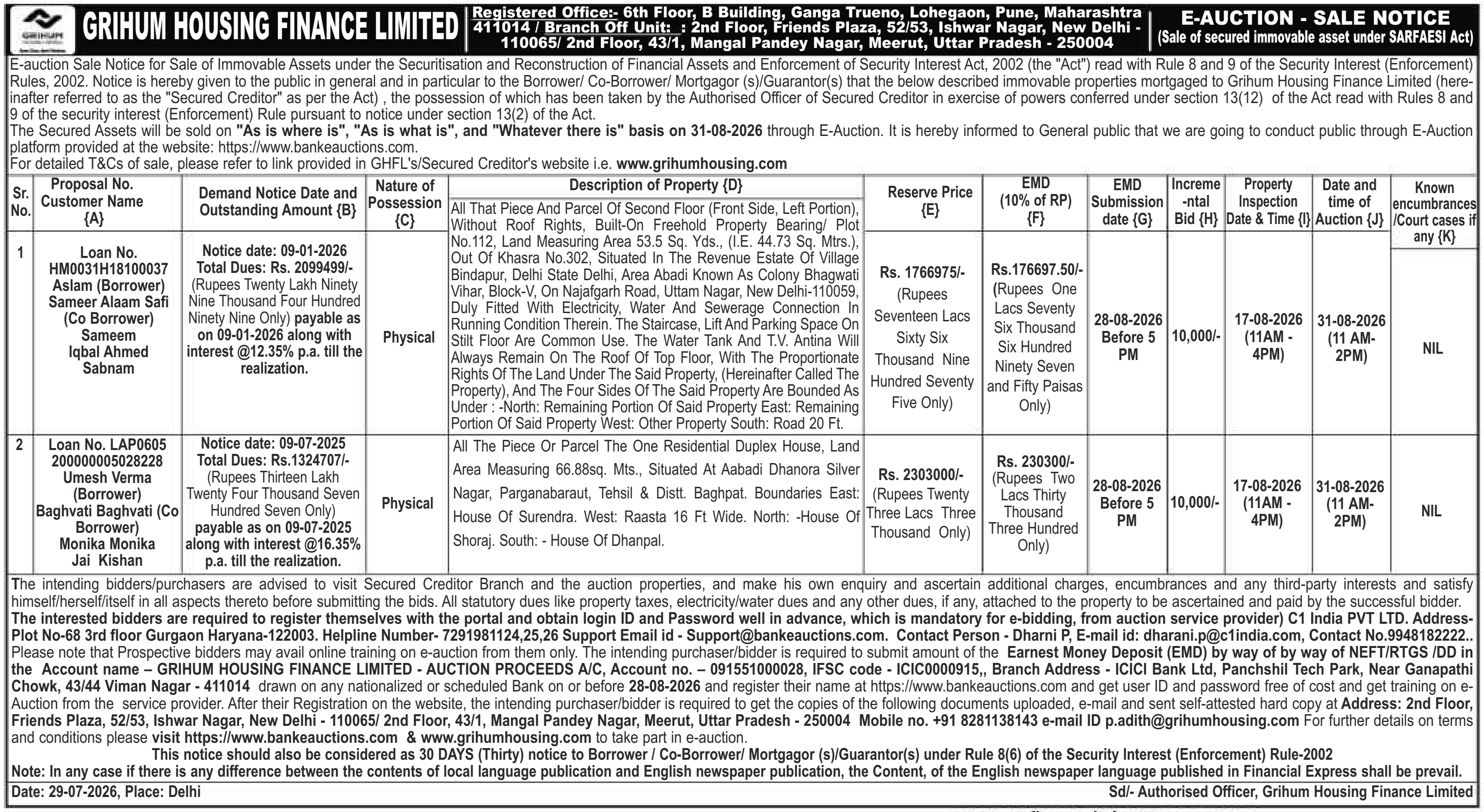 Auction notice for Grihum Housing Finance Limited