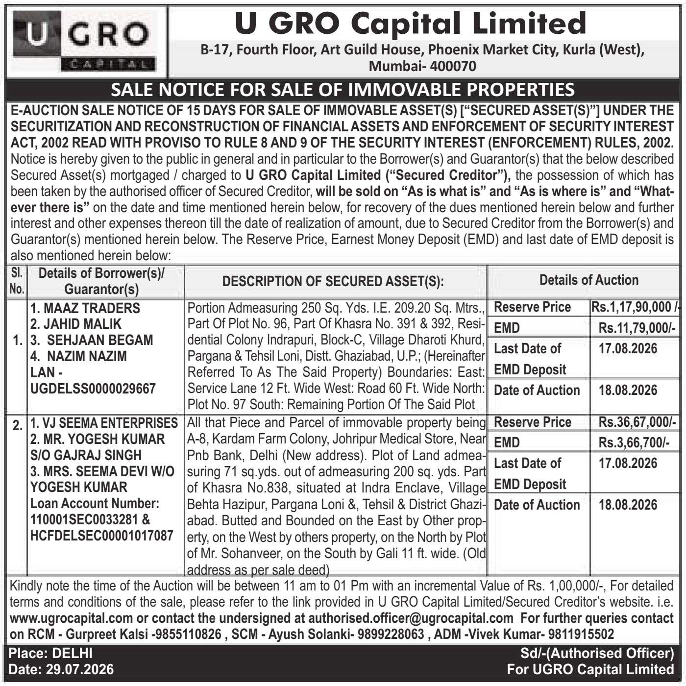 Property auction notice in Loni — U Gro Capital Limited
