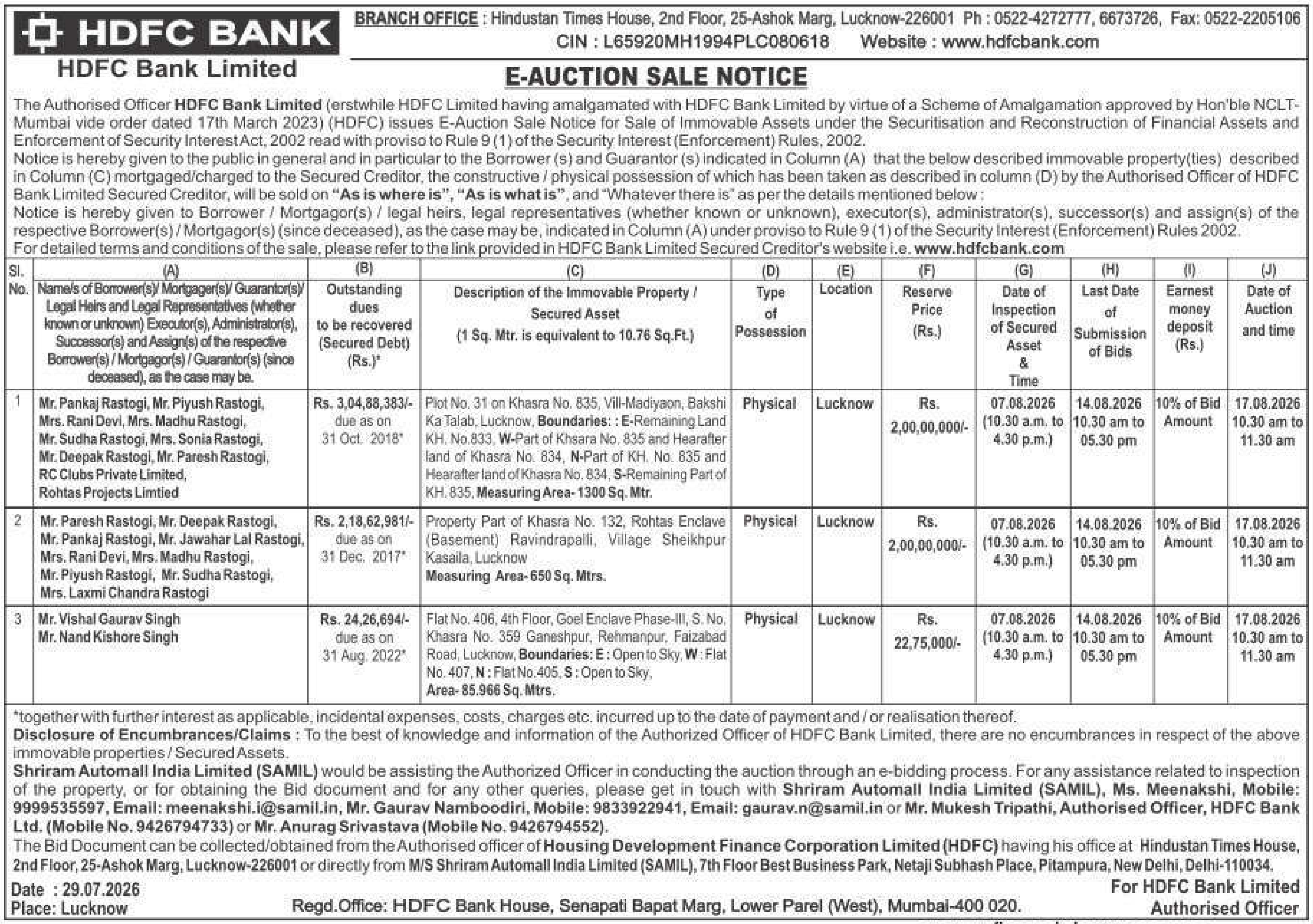 Property auction notice in Lucknow — Hdfc Bank Limited
