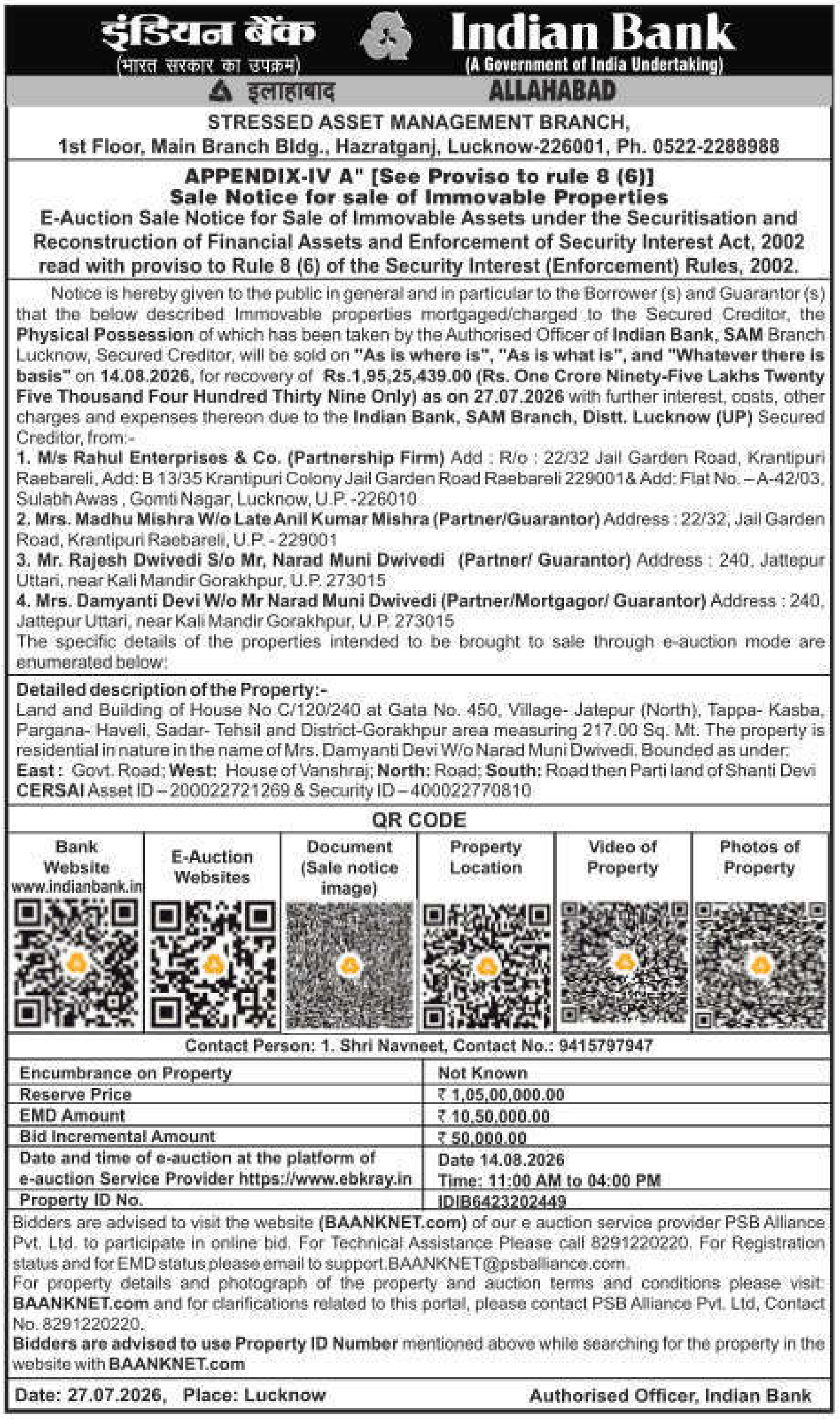Auction notice for Indian Bank