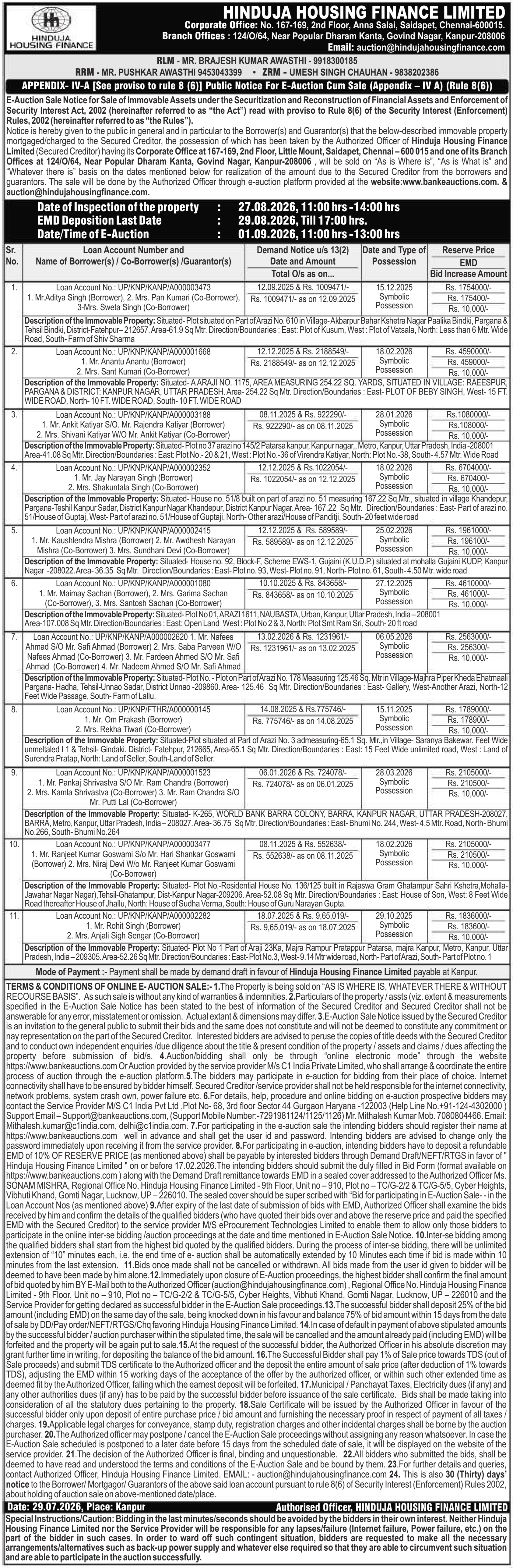 Property auction notice in Kanpur Nagar — Hinduja Housing Finance Limited