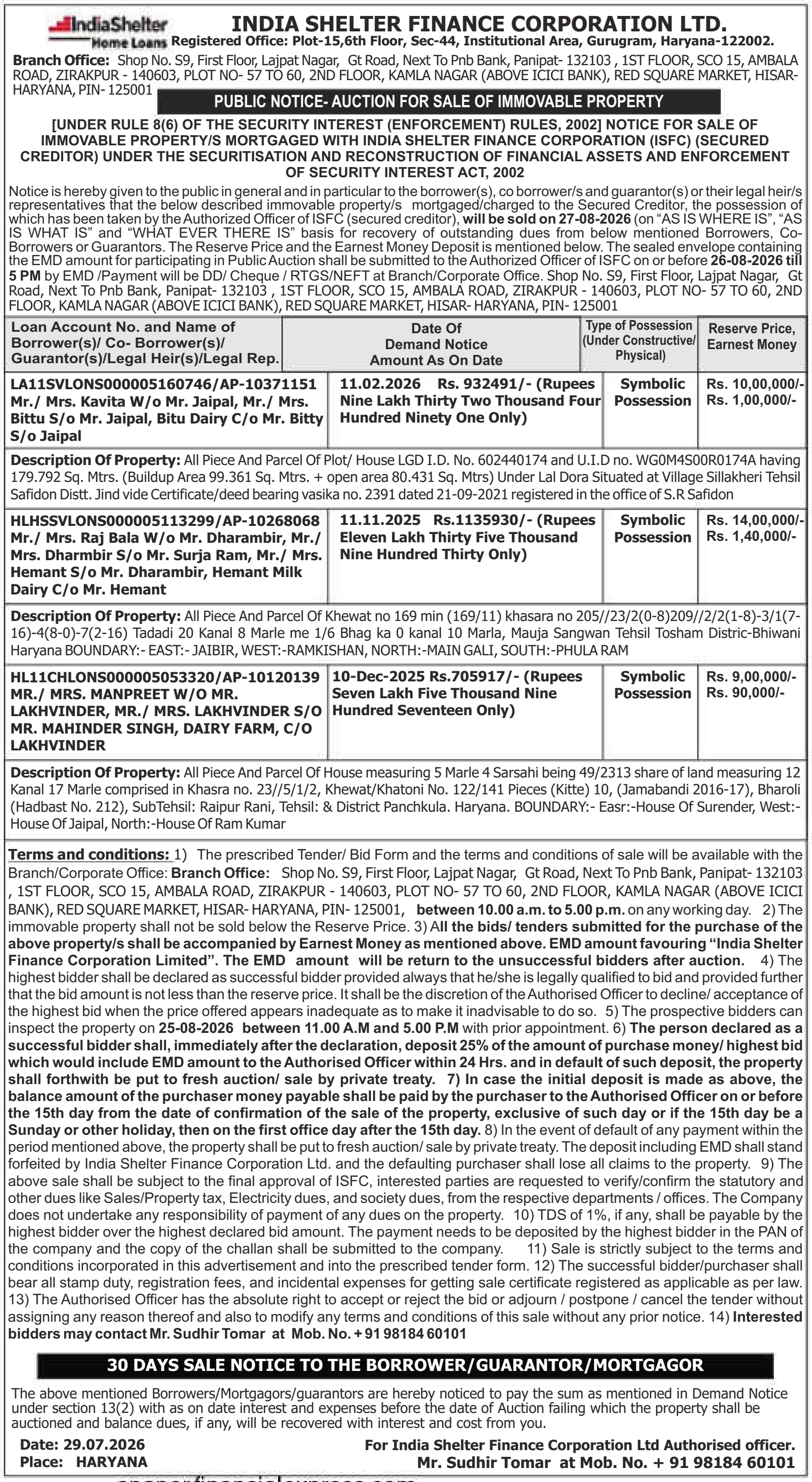 Auction notice for India Shelter Finance Corporation LTD.