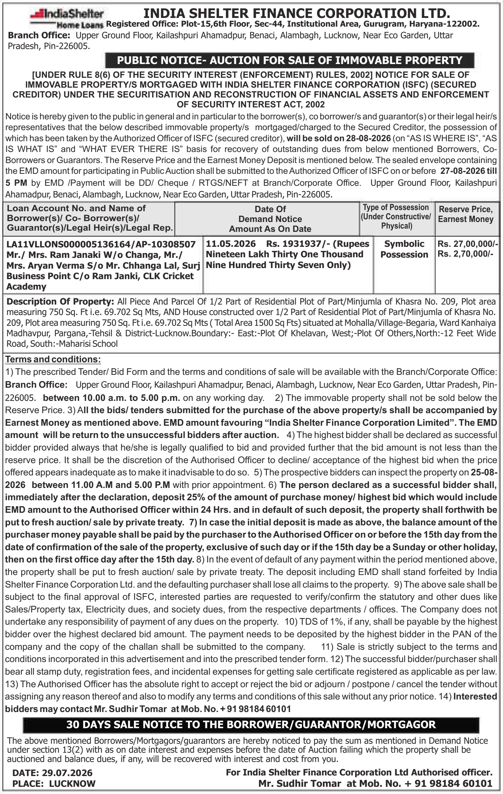 Property auction notice in Lucknow — India Shelter Finance Corporation LTD.