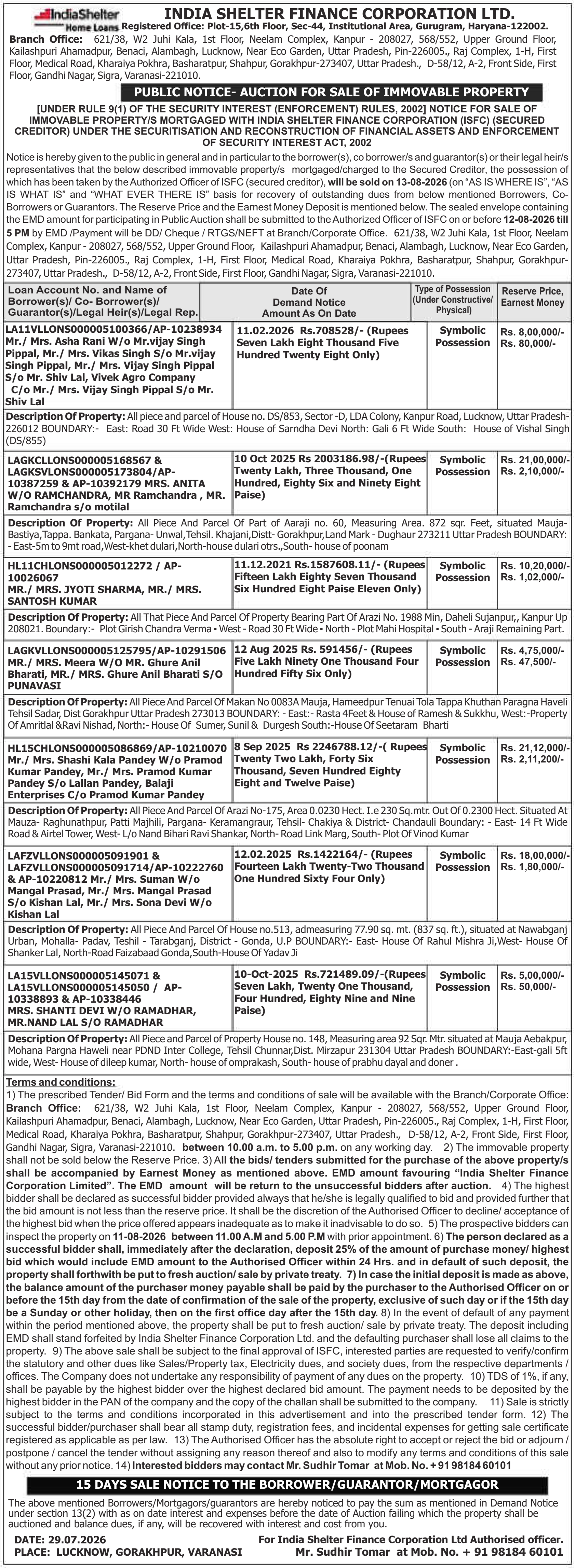 Property auction notice in Lucknow — India Shelter Finance Corporation LTD.