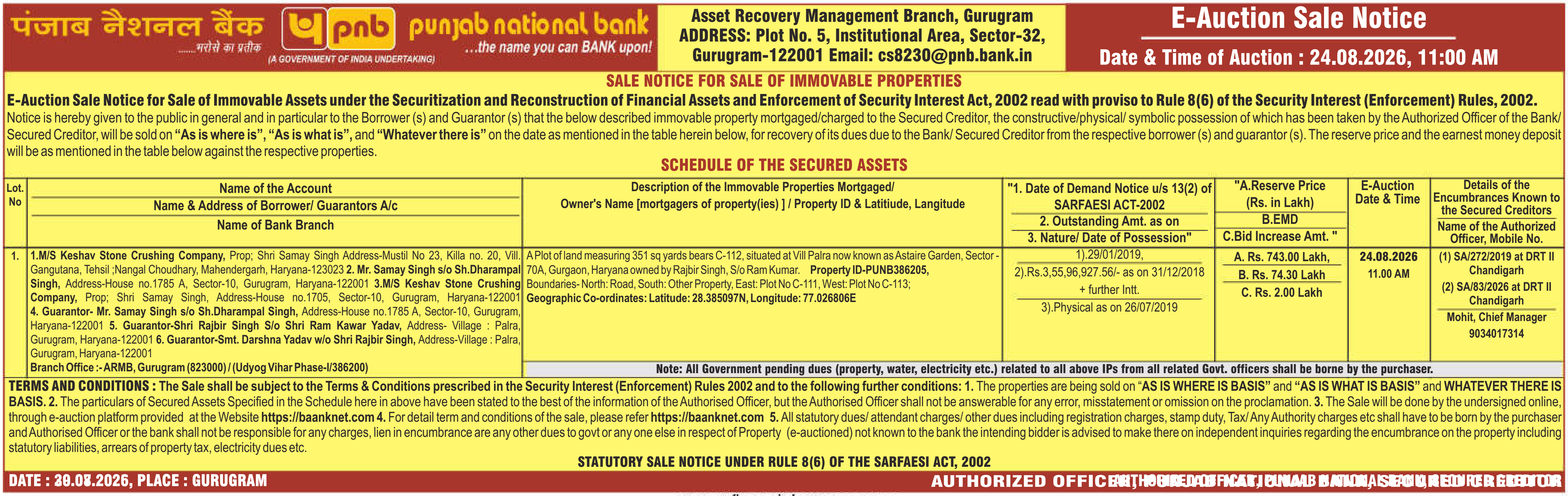 Auction notice for Punjab National Bank