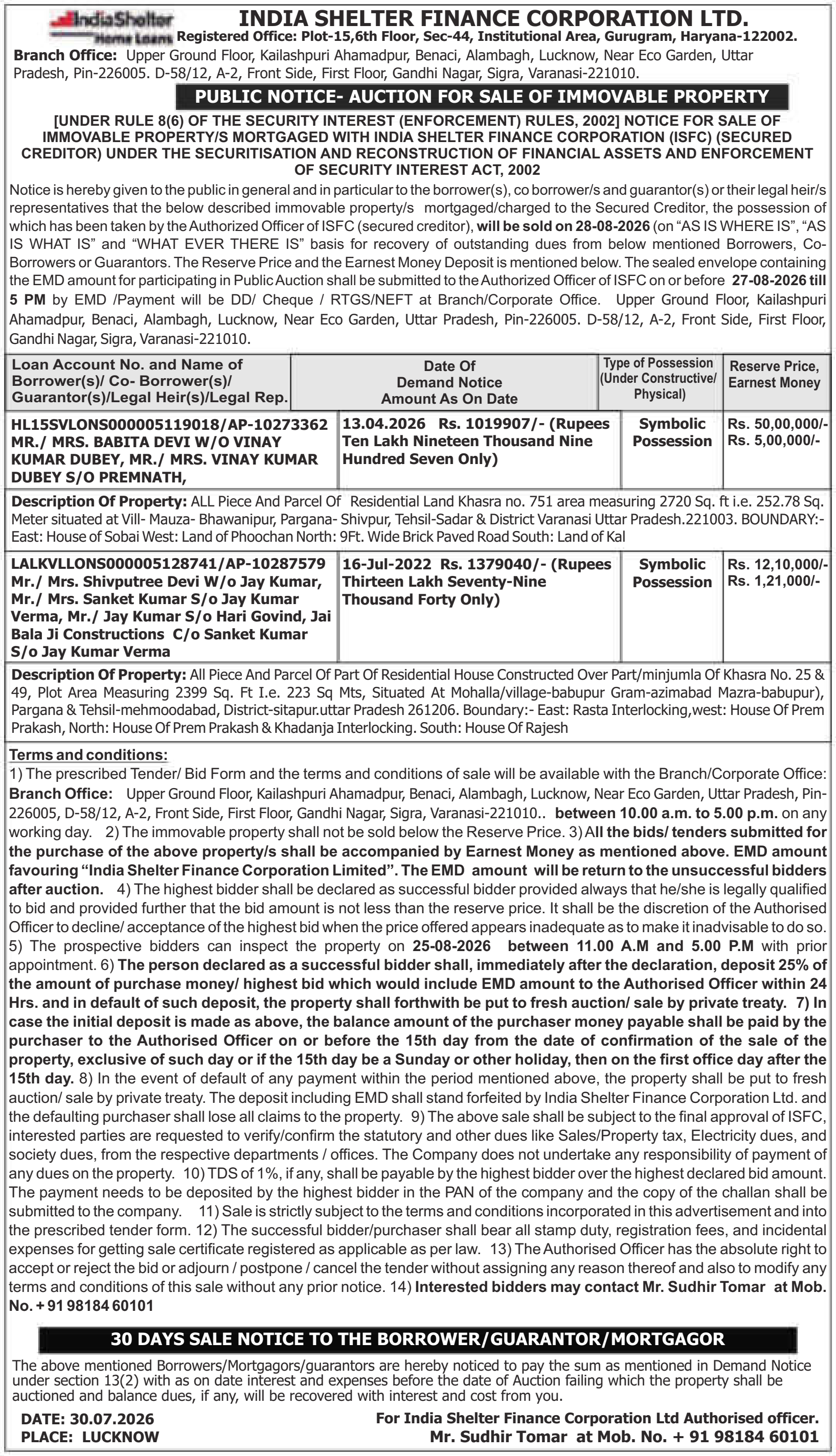 Auction notice for India Shelter Finance Corporation LTD.