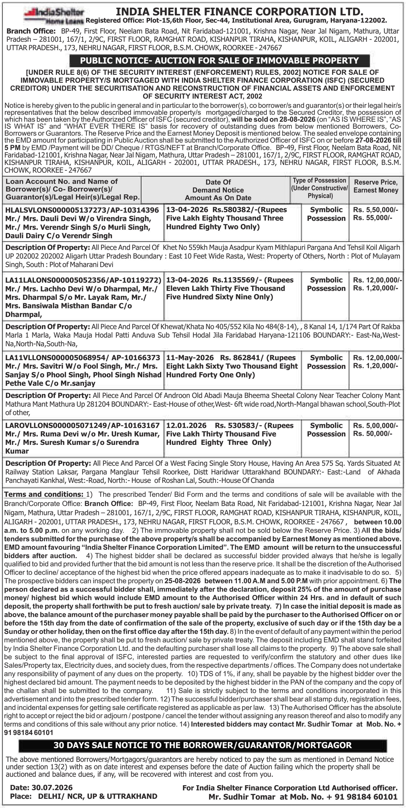 Property auction notice in Aligarh — India Shelter Finance Corporation LTD.