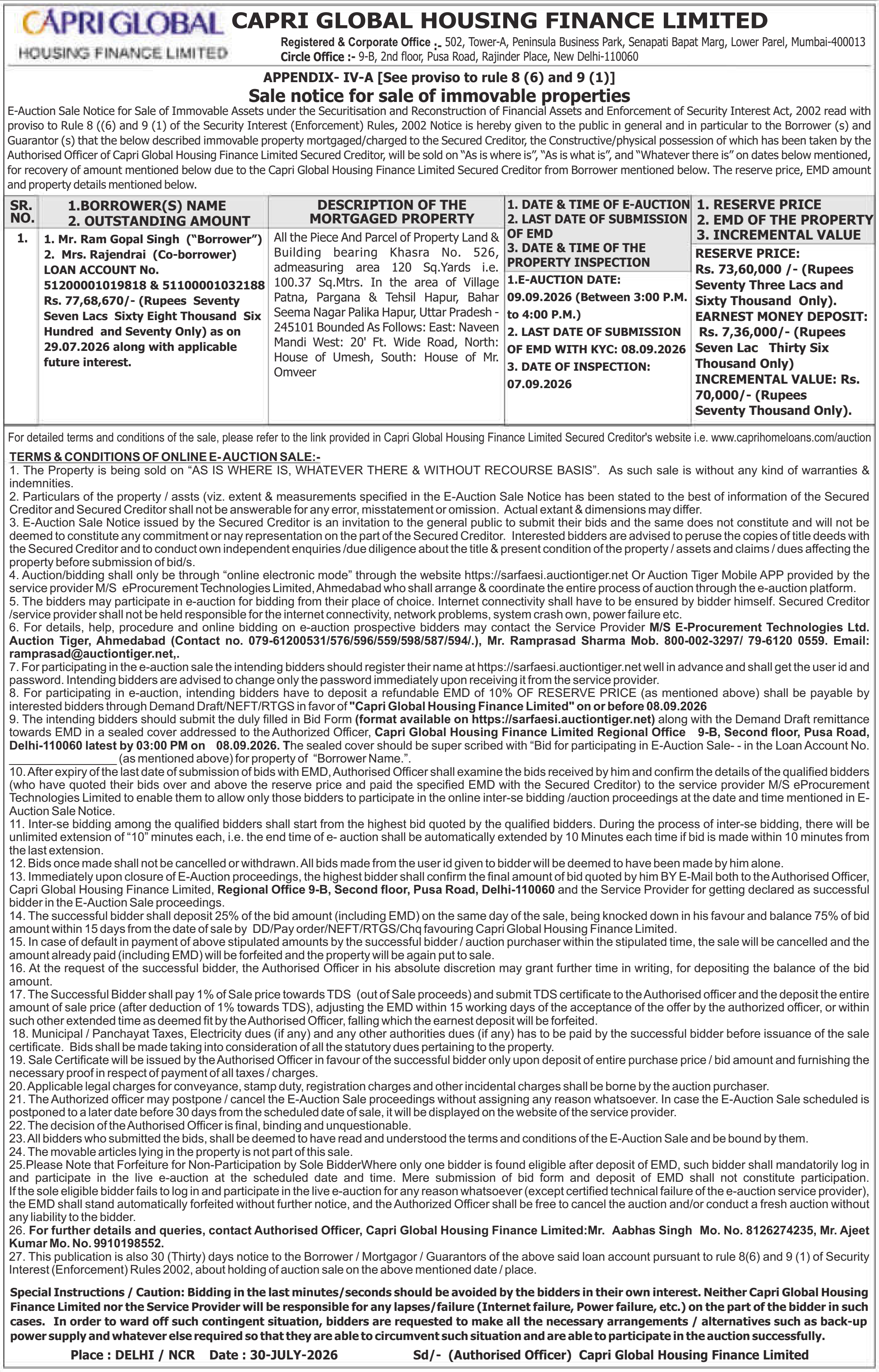 Property auction notice in Hapur — Capri Global Housing Finance Limited