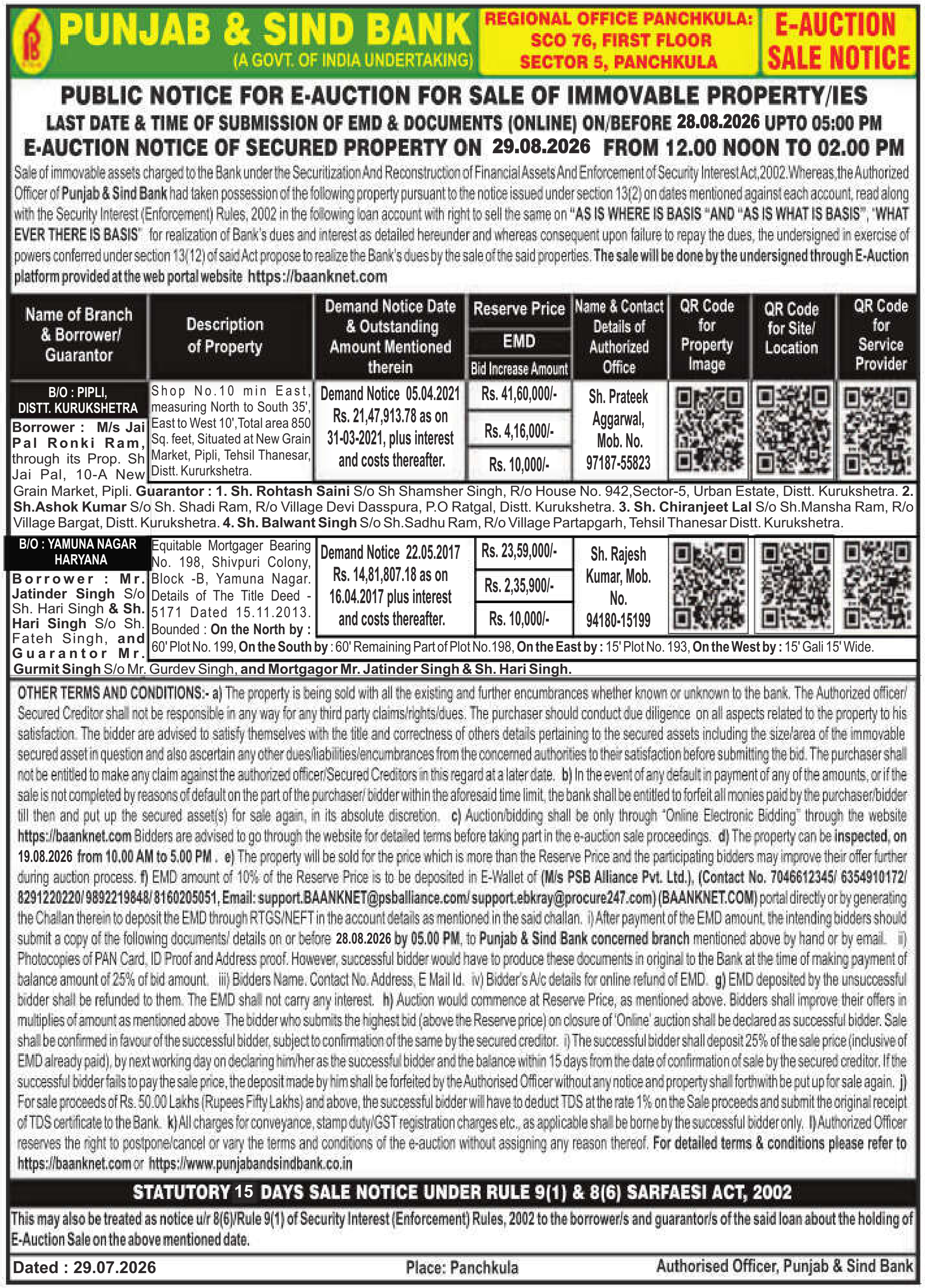 Auction notice for Punjab & Sind Bank