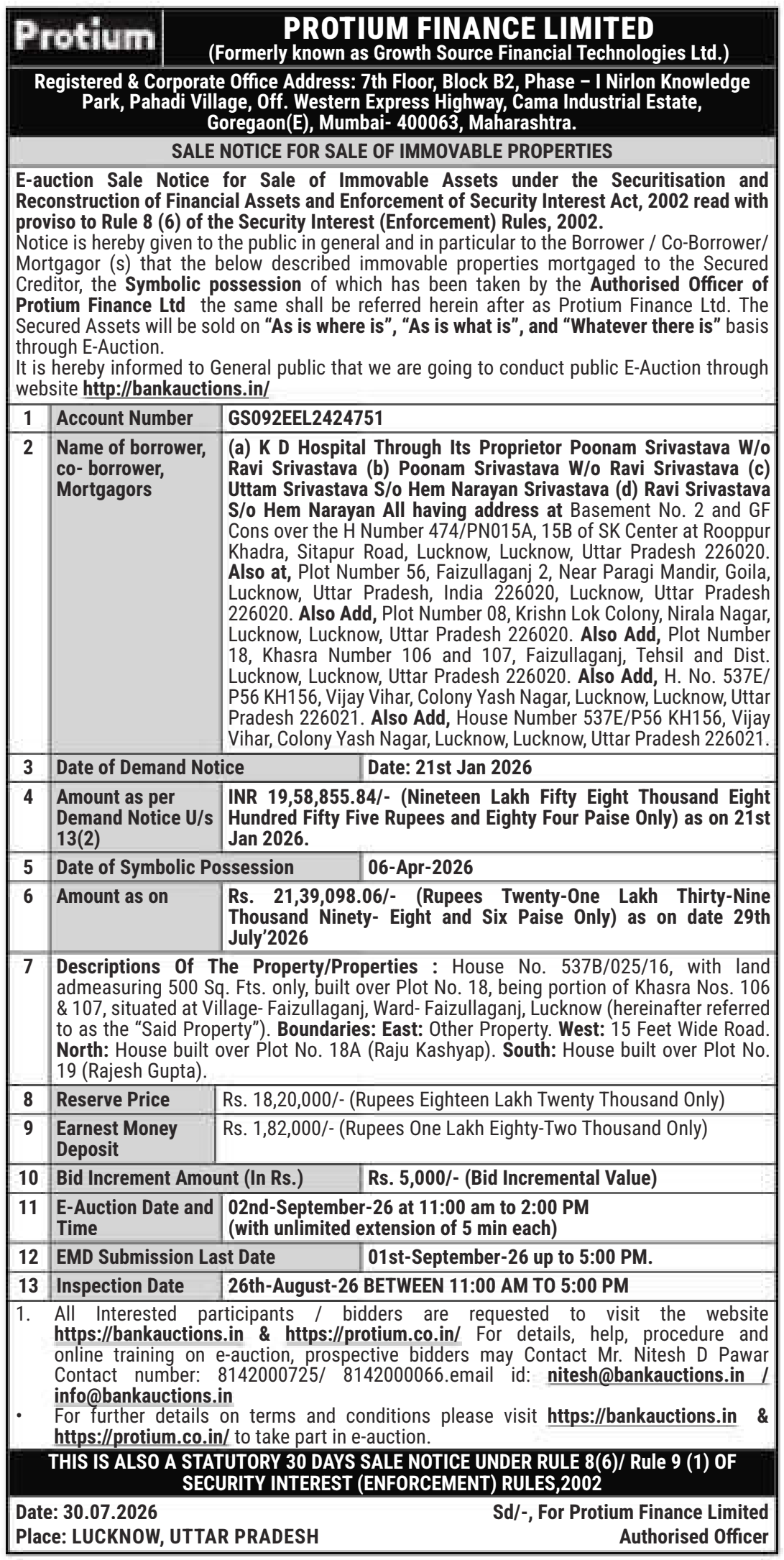 Property auction notice in Lucknow — Protium Finance Limited (formerly Known As Growth Source Financial Technologies Ltd.)